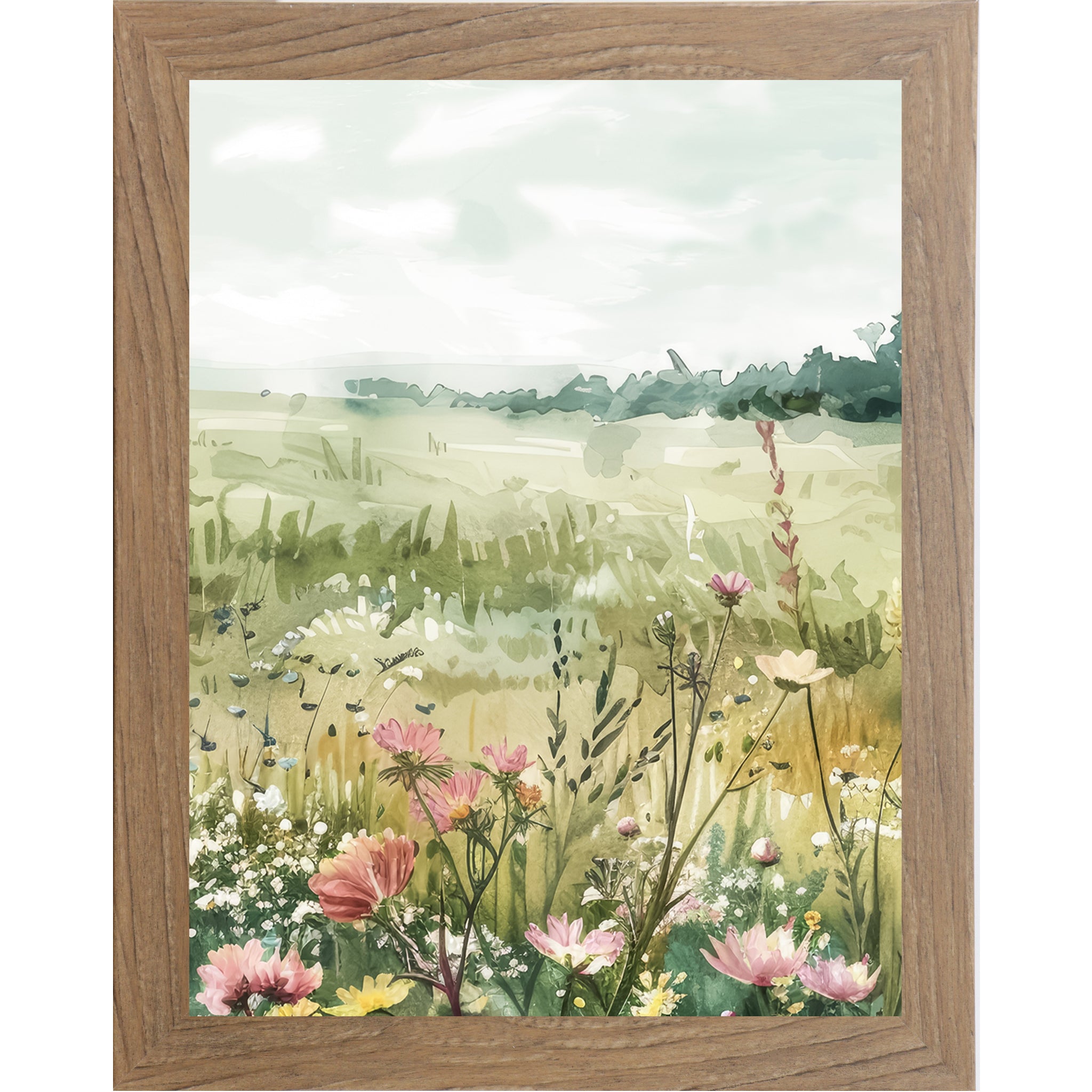 Wildflower Meadow Framed Wall Art – Soft Watercolor Floral Landscape Decor (SB140) - Summer Snow Art