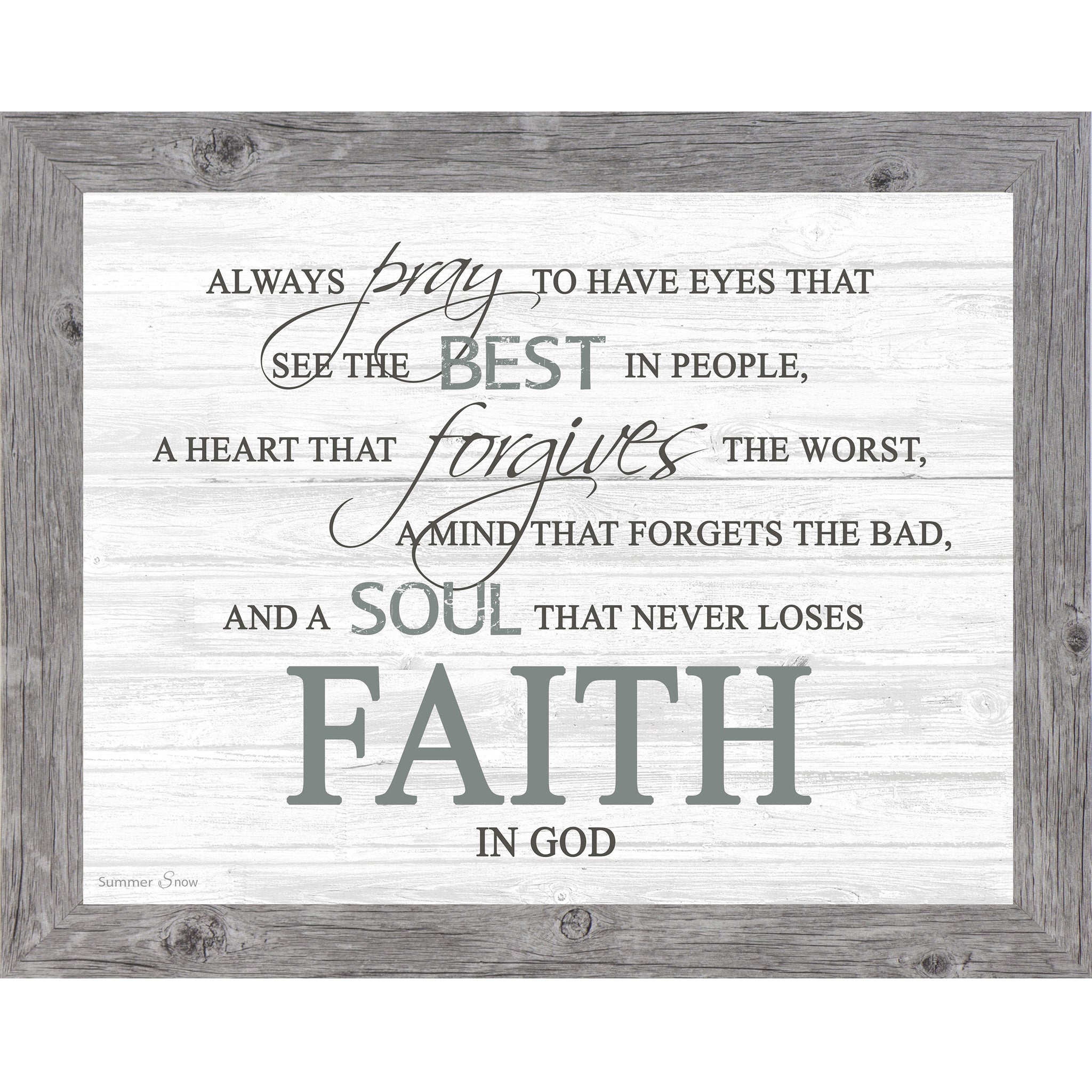 Christian framed wall art with slatted white wood background featuring inspirational faith quote about prayer, forgiveness, and never losing faith in God
