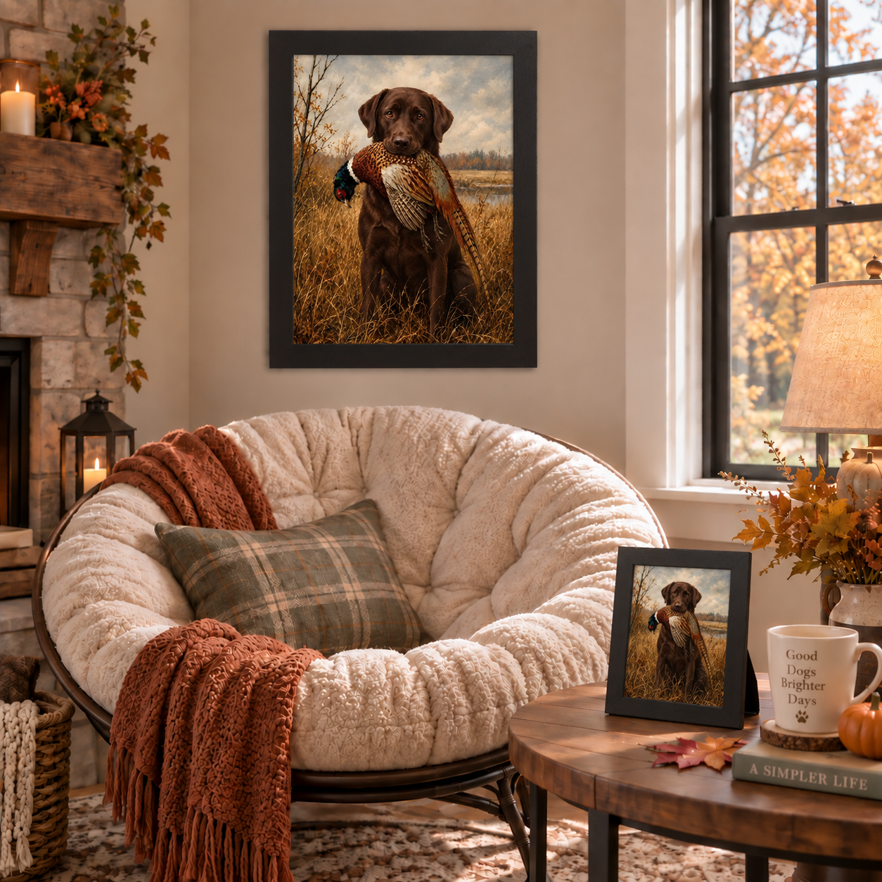 Black framed heritage hunting dog wall art of a chocolate Labrador with a pheasant displayed above a cozy papasan chair with rust throws and a plaid pillow, alongside a matching smaller piece on a coffee table styled with a lamp, mug, pumpkin, and autumn leaves