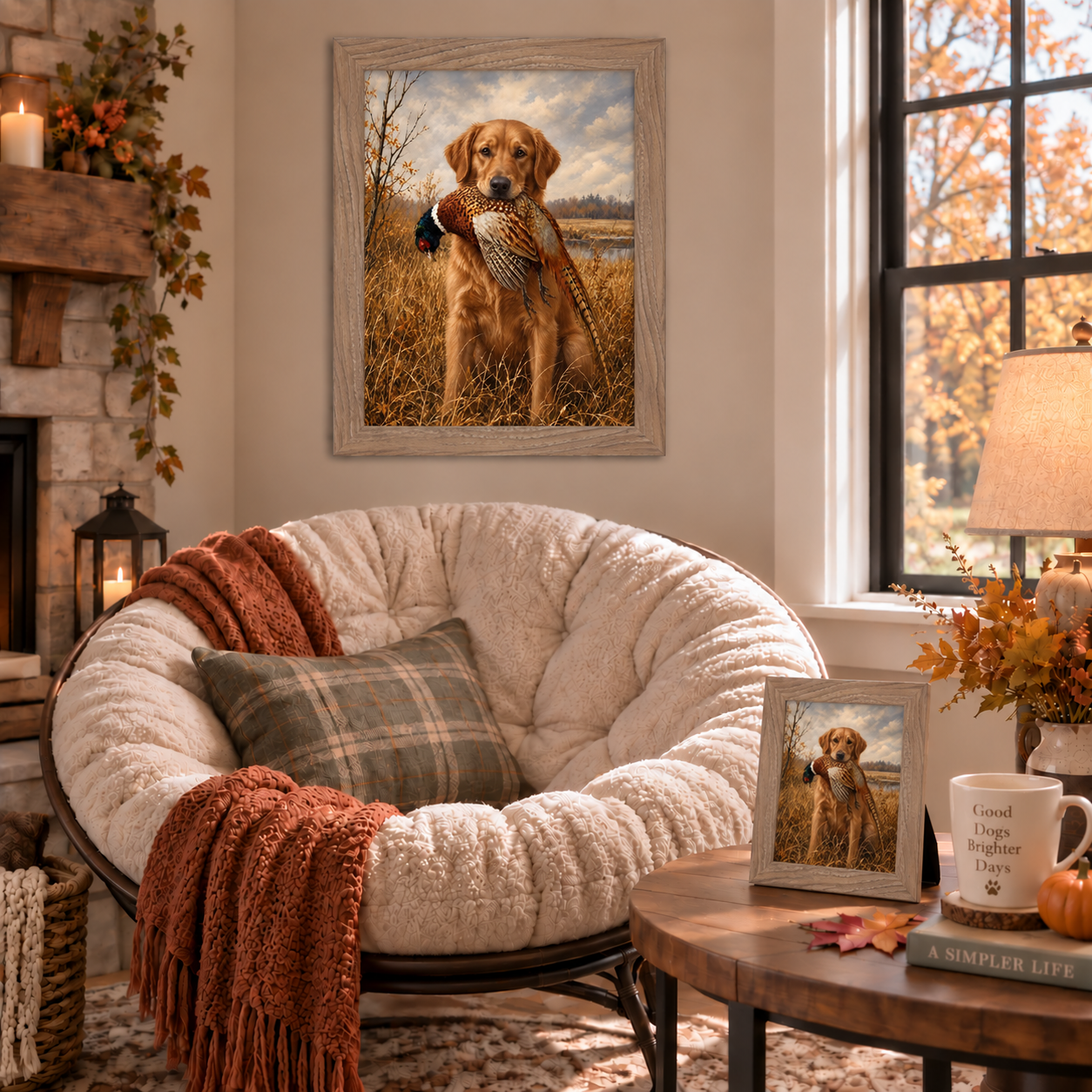 Farmtable framed heritage hunting dog wall art of a golden retriever with a pheasant displayed above a cozy papasan chair with rust throws and a plaid pillow, alongside a matching smaller piece on a coffee table styled with a lamp, mug, pumpkin, and autumn leaves