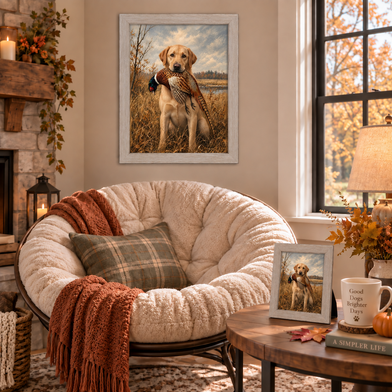 Monte Carlo framed heritage hunting dog wall art of a yellow Labrador with a pheasant displayed above a cozy papasan chair with rust throws and a plaid pillow, alongside a matching smaller piece on a coffee table styled with a lamp, mug, pumpkin, and autumn leaves