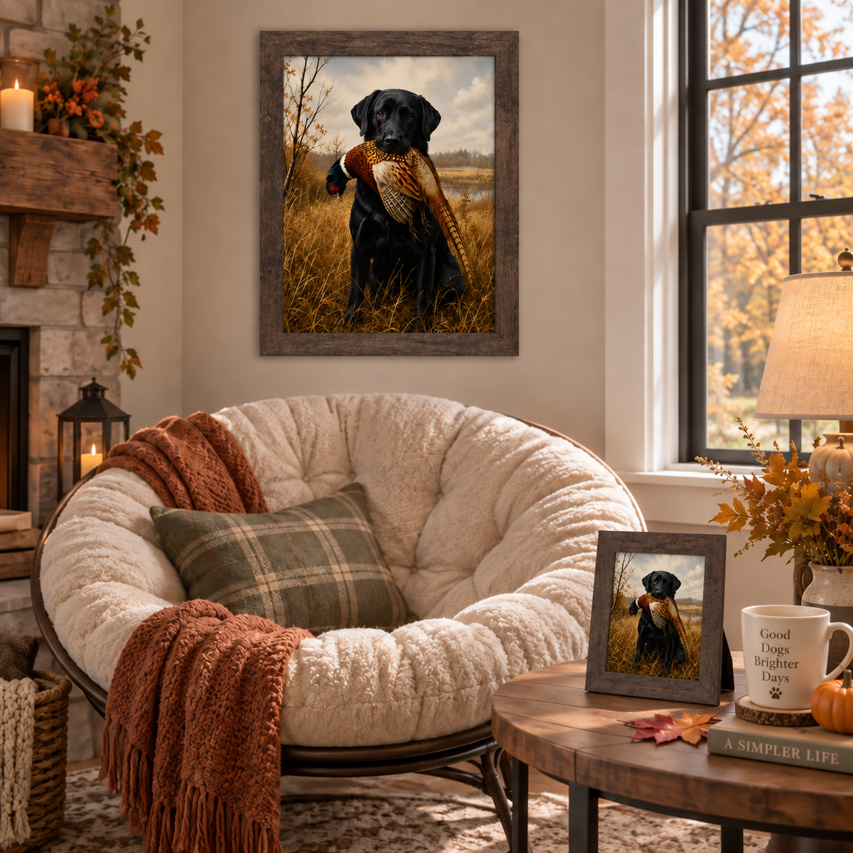 Natural brown framed heritage hunting dog wall art of a black Labrador with a pheasant displayed above a cozy papasan chair with rust throws and a plaid pillow, alongside a matching smaller piece on a coffee table styled with a lamp, mug, pumpkin, and autumn leaves