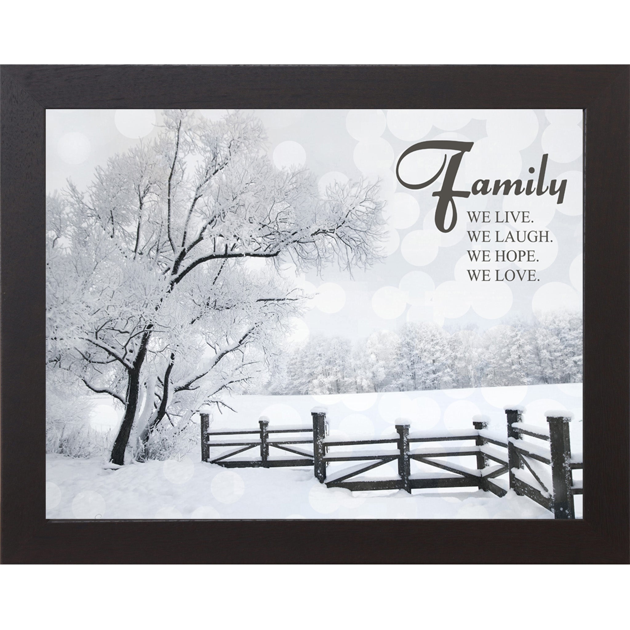 Framed family wall art with the words “We live, we laugh, we hope, we love” displayed over a realistic winter landscape with snow-covered trees, fence, and open field.