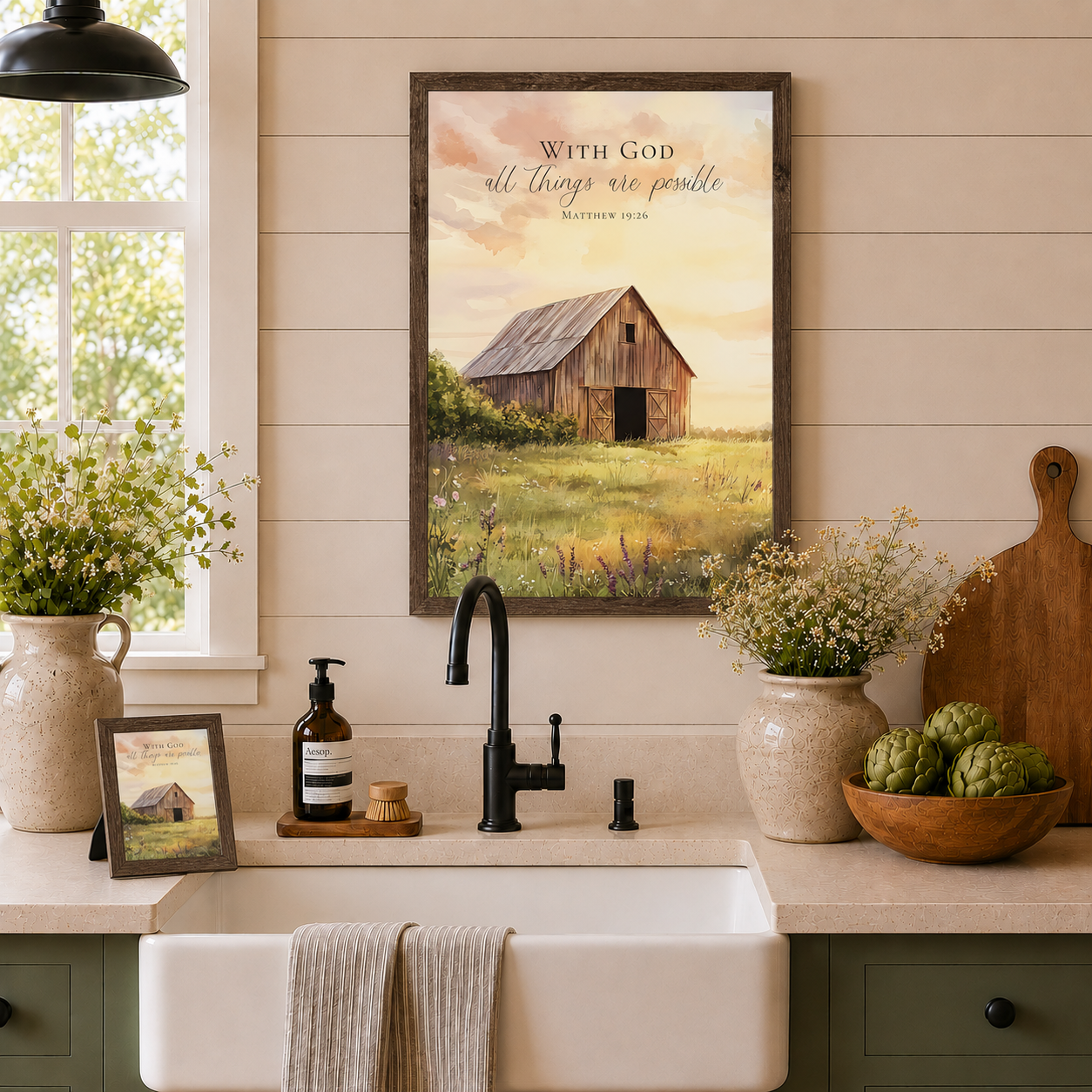 Farmhouse kitchen with With God All Things Are Possible Matthew 19:26 wall art SB256 in natural brown frame above white farmhouse sink on shiplap — 20x26 on wall and 8x10 easel back on counter beside Aesop soap and cutting board