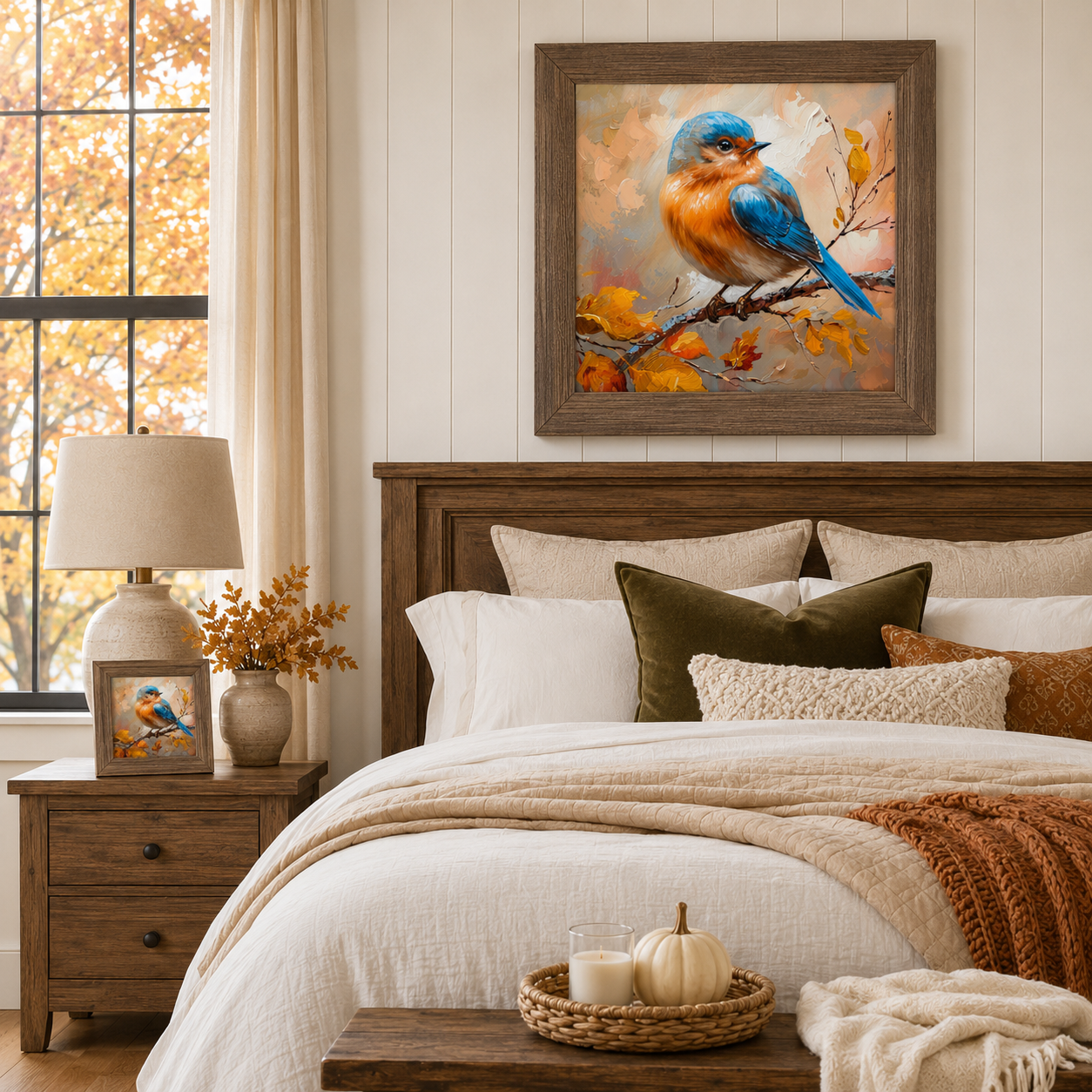 Natural brown framed bluebird autumn square wall art NS27 displayed large above bed on shiplap wall in cozy fall farmhouse bedroom — 8x8 easel back on nightstand beside fall branches in vase and lamp — vivid blue orange and cream bluebird in oil painted impasto style perched on autumn branch with golden fall leaves — olive rust and cream accent pillows white pumpkin candles on bench