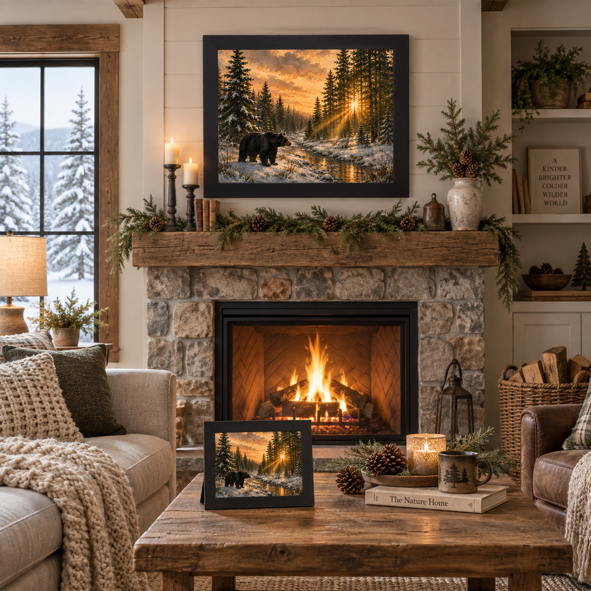 Black framed black bear sunset wall art displayed above a stone fireplace mantle with candles, pine garland, and a pinecone-filled vase, alongside a matching smaller piece on a wooden coffee table styled with a lantern candle and nature books