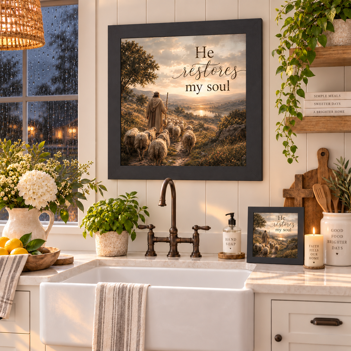 Black framed shepherd Christian wall art displayed above a farmhouse kitchen sink with a bronze faucet, white hydrangeas in a pitcher, rain visible on the window, and a matching smaller piece on the counter beside a wooden cross and lit candle