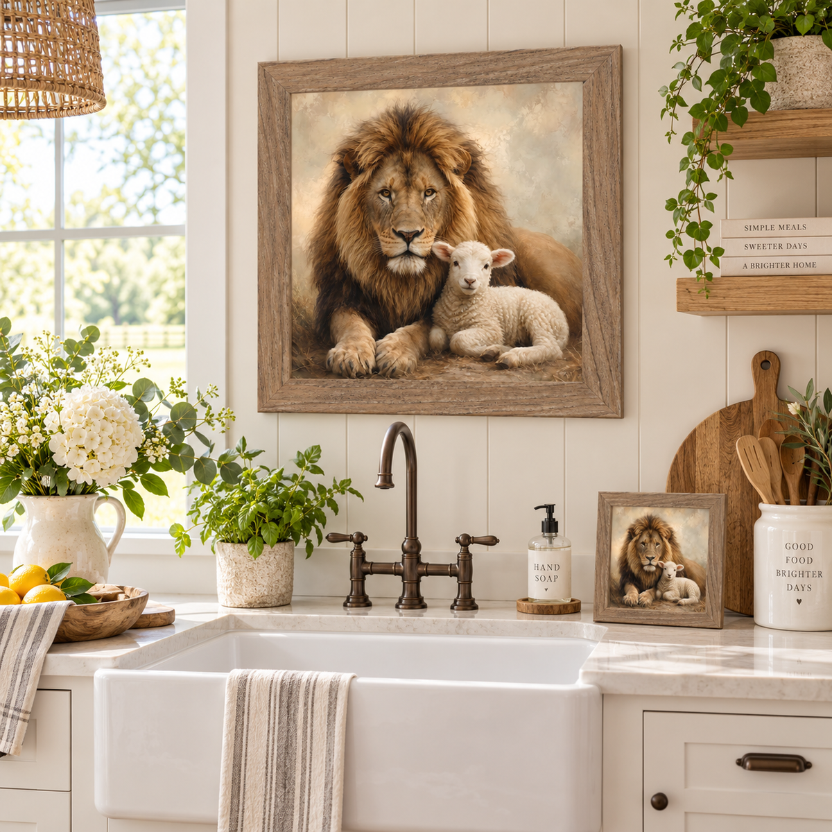 Farmtable framed lion and lamb Christian wall art displayed above a farmhouse kitchen sink with a bronze faucet, white hydrangeas in a pitcher, and a matching smaller piece on the counter beside a hand soap dispenser and cutting board