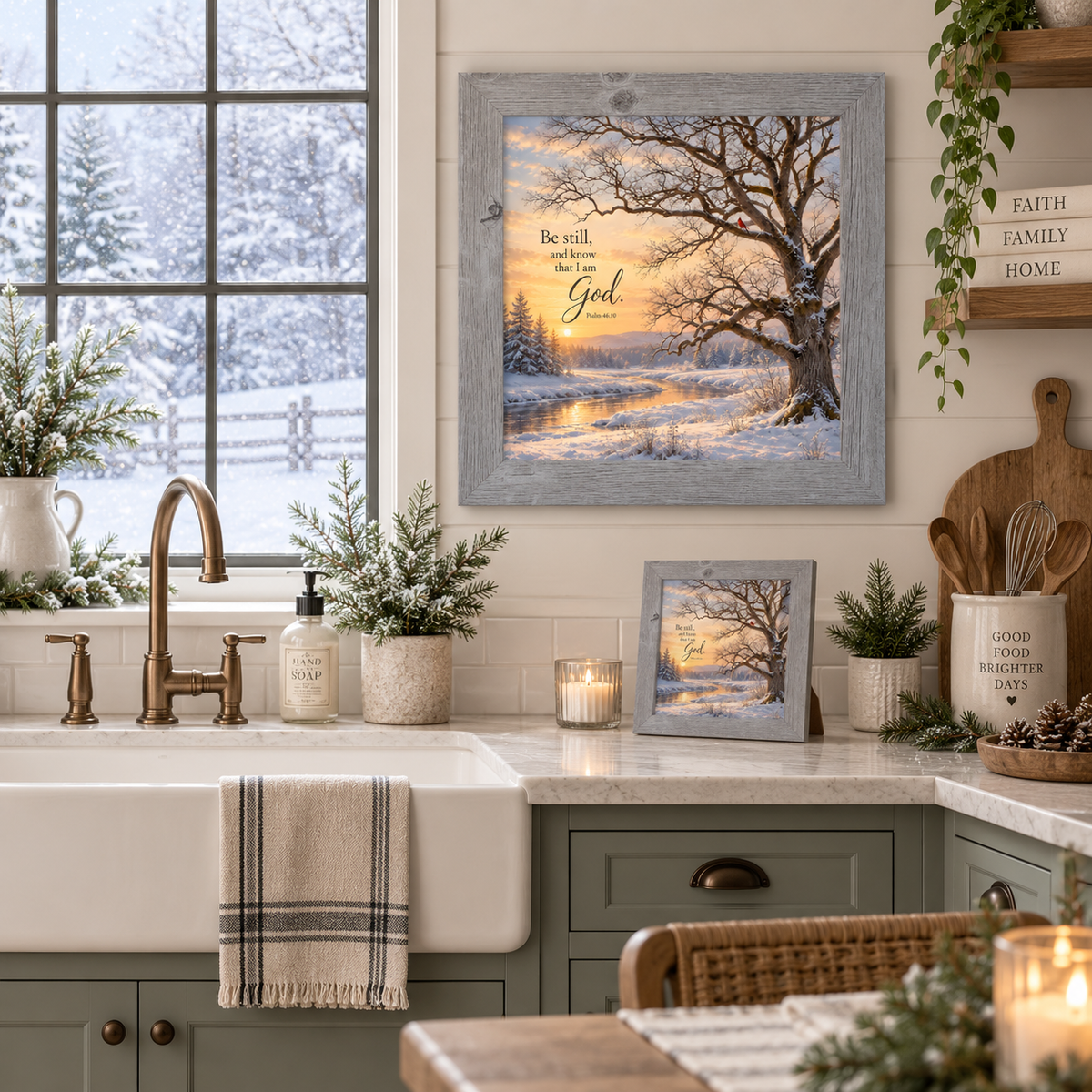 Be Still and Know That I Am God wall art in a gray frame above a farmhouse kitchen sink