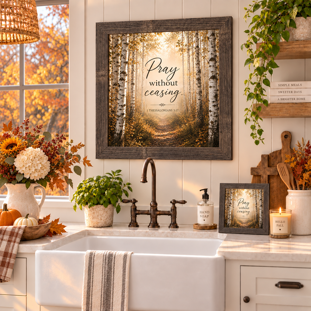 Natural brown framed birch forest scripture wall art displayed above a farmhouse kitchen sink with a bronze faucet, sunflowers and hydrangeas in a pitcher, fall pumpkins, and a matching smaller piece on the counter beside a wooden cross and lit candle