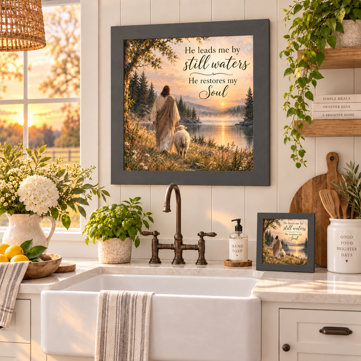 Slatewood framed Psalm 23 Christian wall art displayed above a farmhouse kitchen sink with a bronze faucet, white flowers in a pitcher, and a matching smaller piece on the counter beside a hand soap dispenser and cutting board