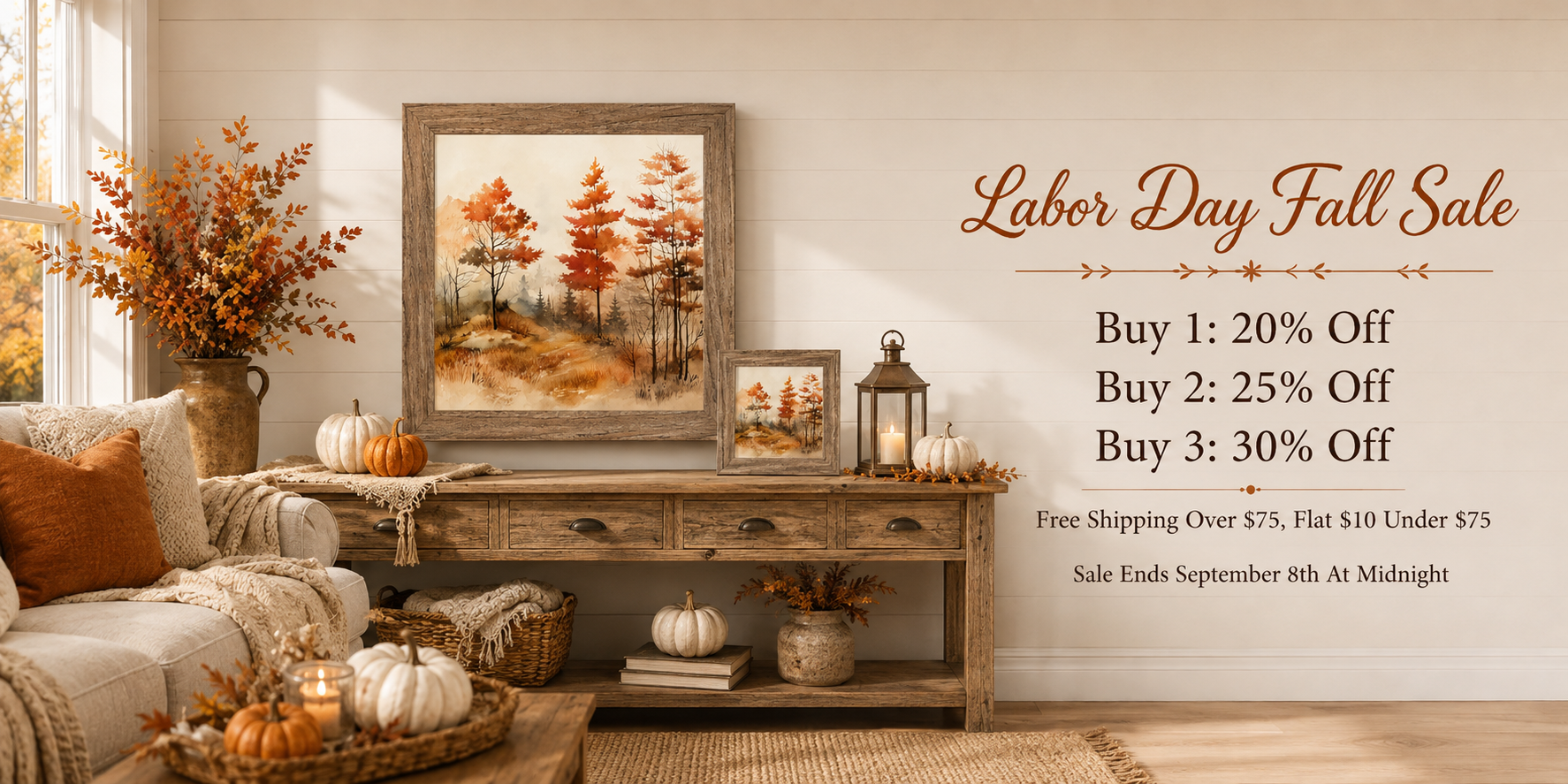 Farmtable framed square autumn watercolor forest wall art featuring three fall trees in a sweeping landscape displayed as a large statement piece above rustic farmhouse table in a warm modern farmhouse living room