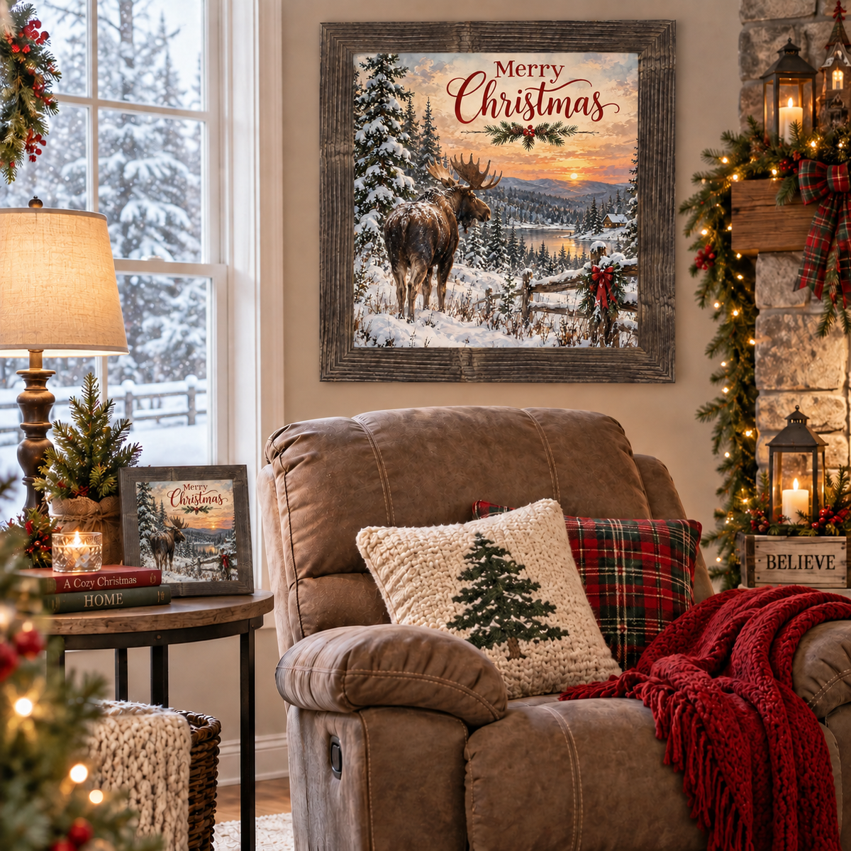 Natural brown framed "Merry Christmas" moose wall art displayed above a brown recliner with knit and plaid pillows, a red chunky throw, and a matching smaller piece on a side table with candles, books, and a lit lantern near a Christmas tree