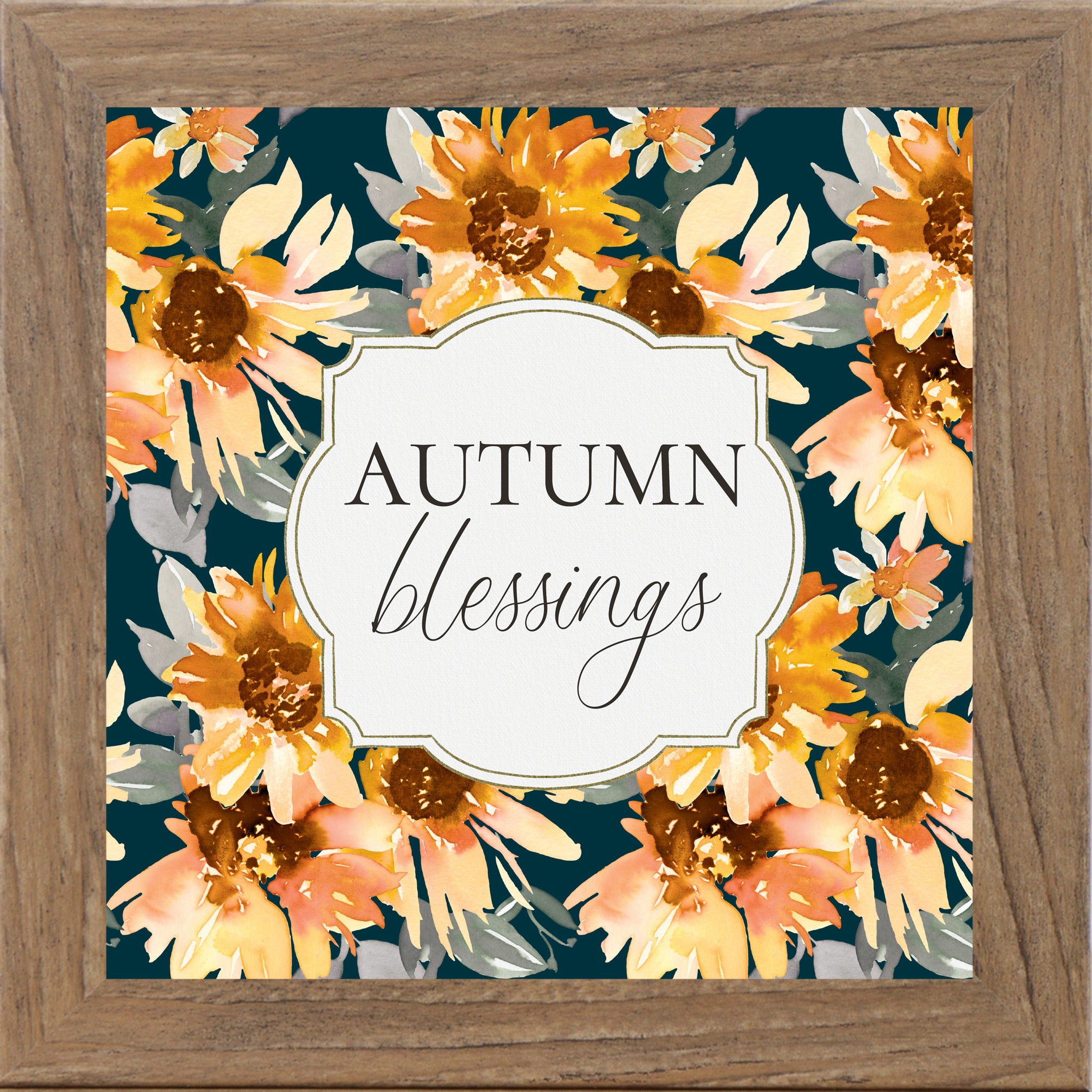 Farmtable framed square fall wall art featuring watercolor sunflowers in gold orange and peach on deep navy teal background with the words "Autumn Blessings" — SB307