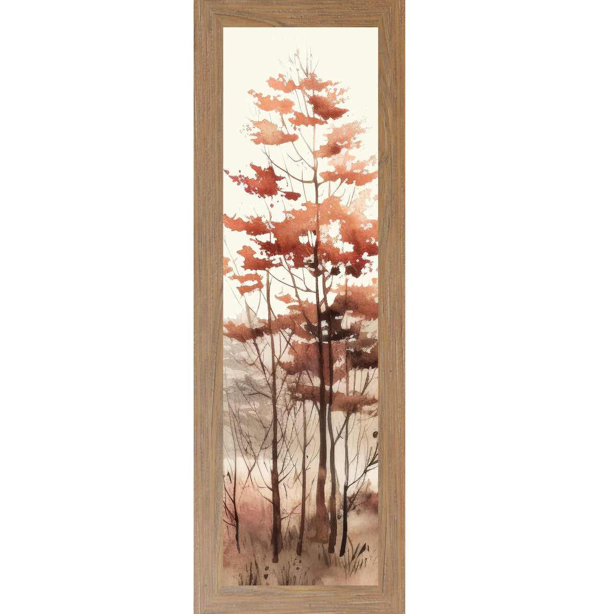 Farmtable framed narrow portrait fall wall art featuring a cluster of tall autumn trees with russet and burnt orange foliage and bare branches in layered misty watercolor style