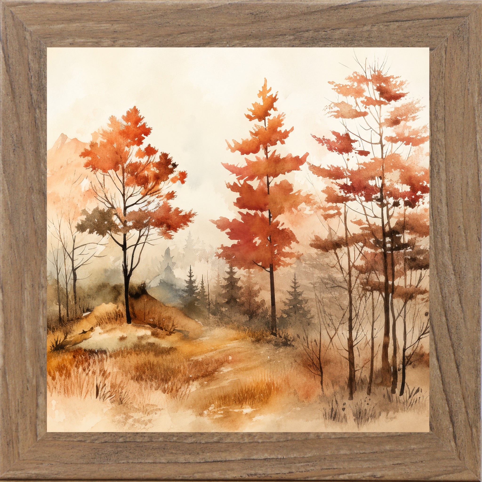 Farmtable framed square fall wall art featuring three autumn trees in watercolor landscape with burnt orange foliage misty mountains and golden grasses