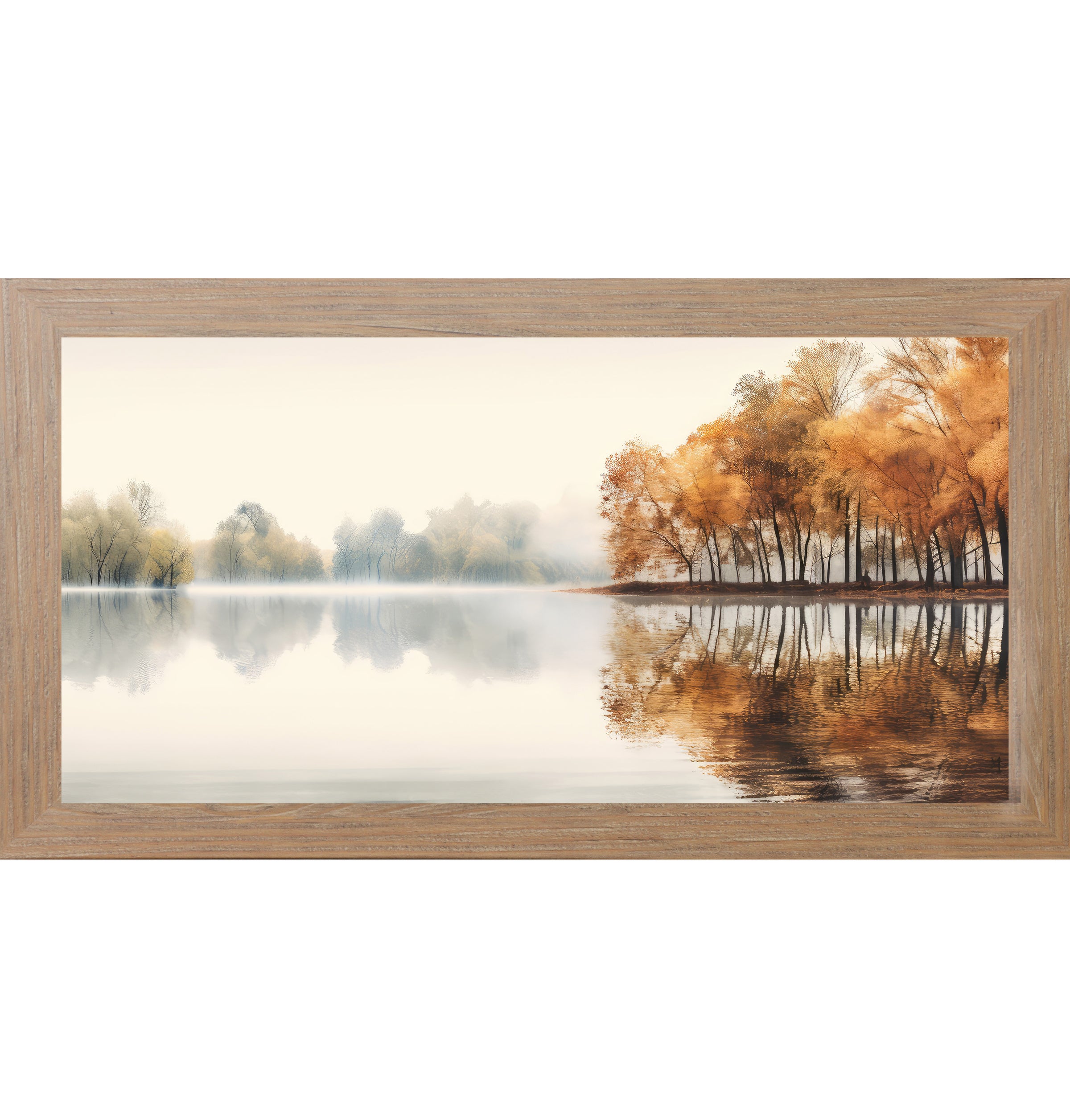 Farmtable framed wide landscape fall wall art featuring a misty autumn lake with amber and copper trees reflecting perfectly in still glassy water — Autumn's Mirror NS620