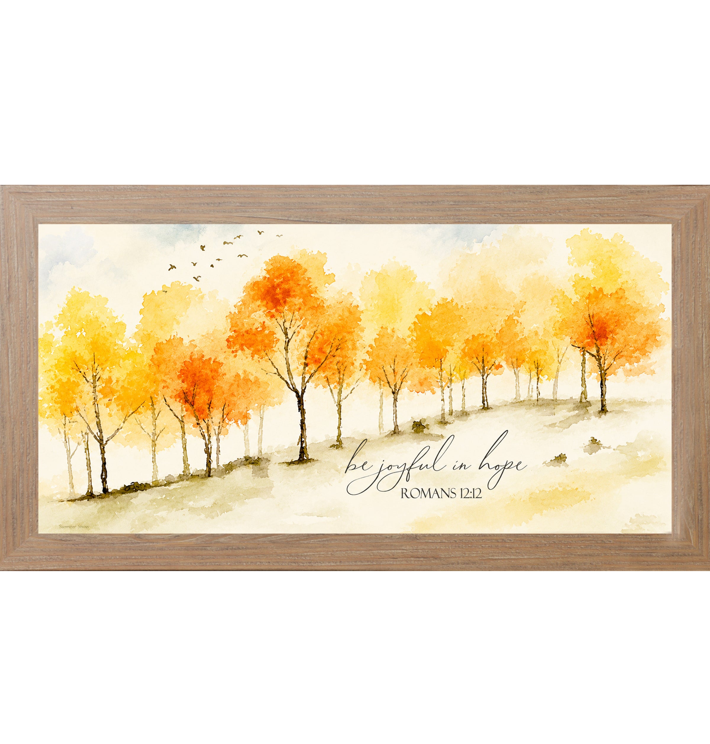 Farmtable framed wide landscape Christian scripture wall art featuring watercolor golden orange and yellow autumn trees with birds in flight and the words Be Joyful In Hope Romans 12:12 in elegant script on warm cream background — SN704