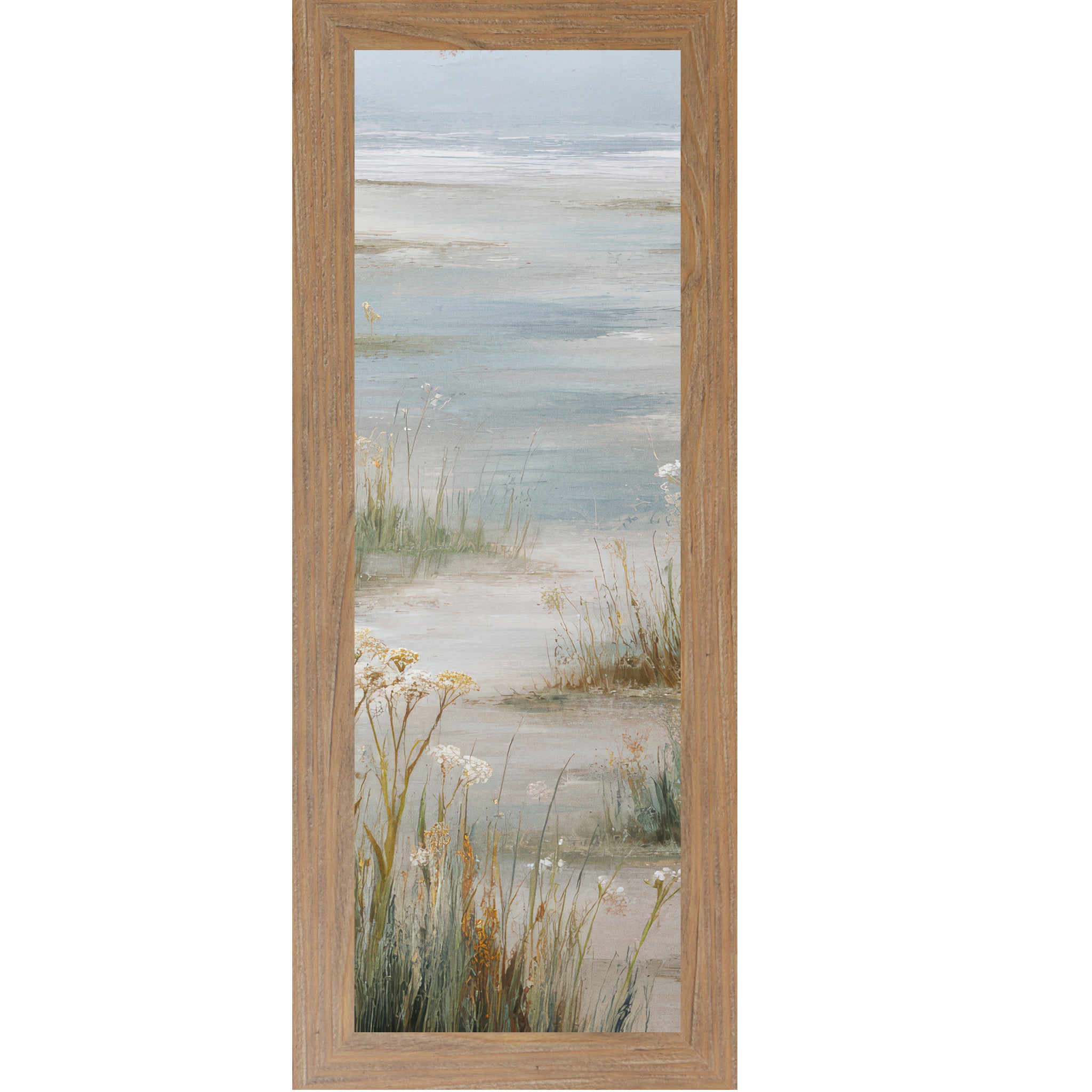 Farmtable framed narrow portrait coastal marsh wall art with golden amber marsh grasses white wildflowers and open tidal flat water reflection — center panel of coastal triptych