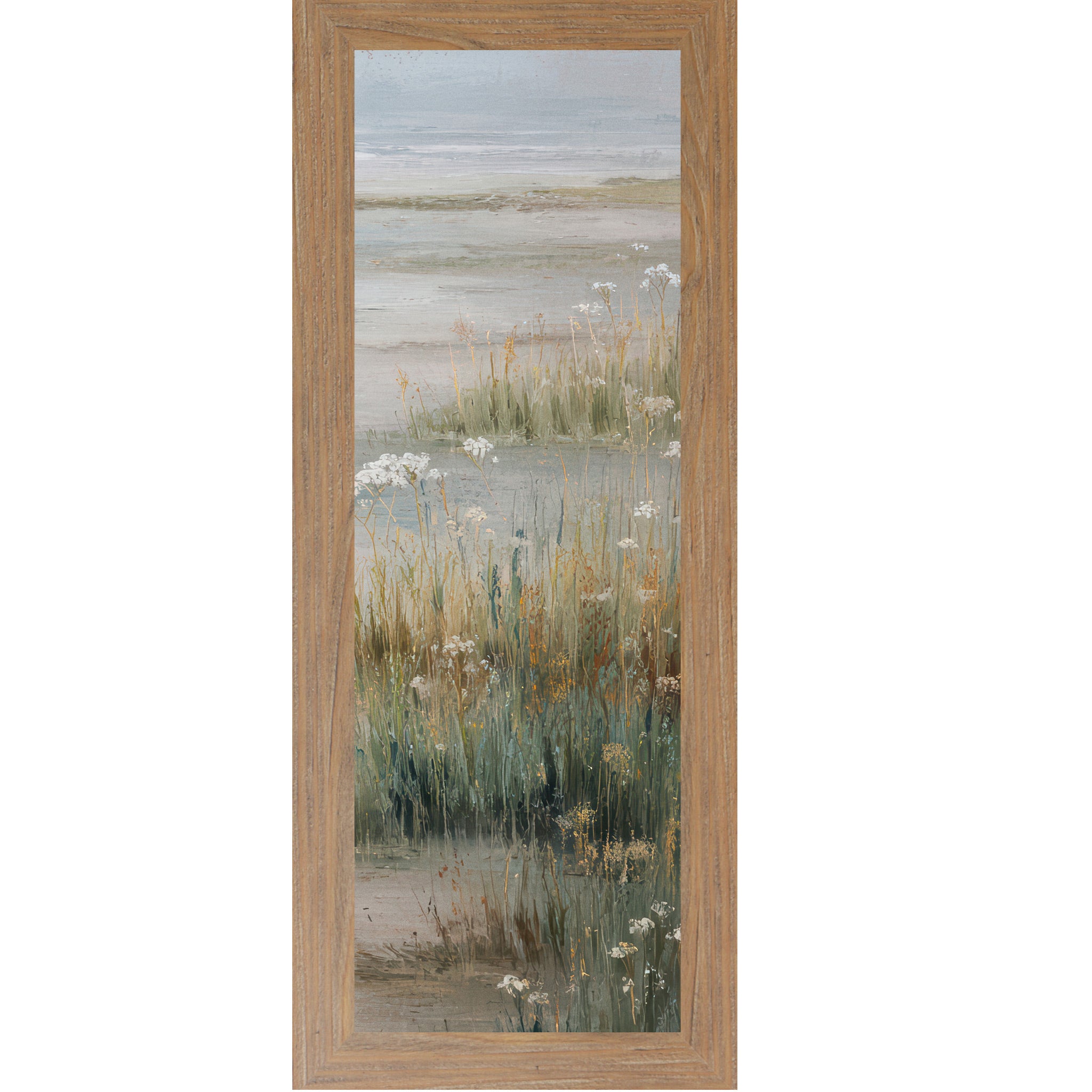 Farmtable framed landscape coastal marsh wall art with deep teal marsh grasses golden wildflowers white Queen Anne's Lace and misty tidal flat — right panel of coastal triptych