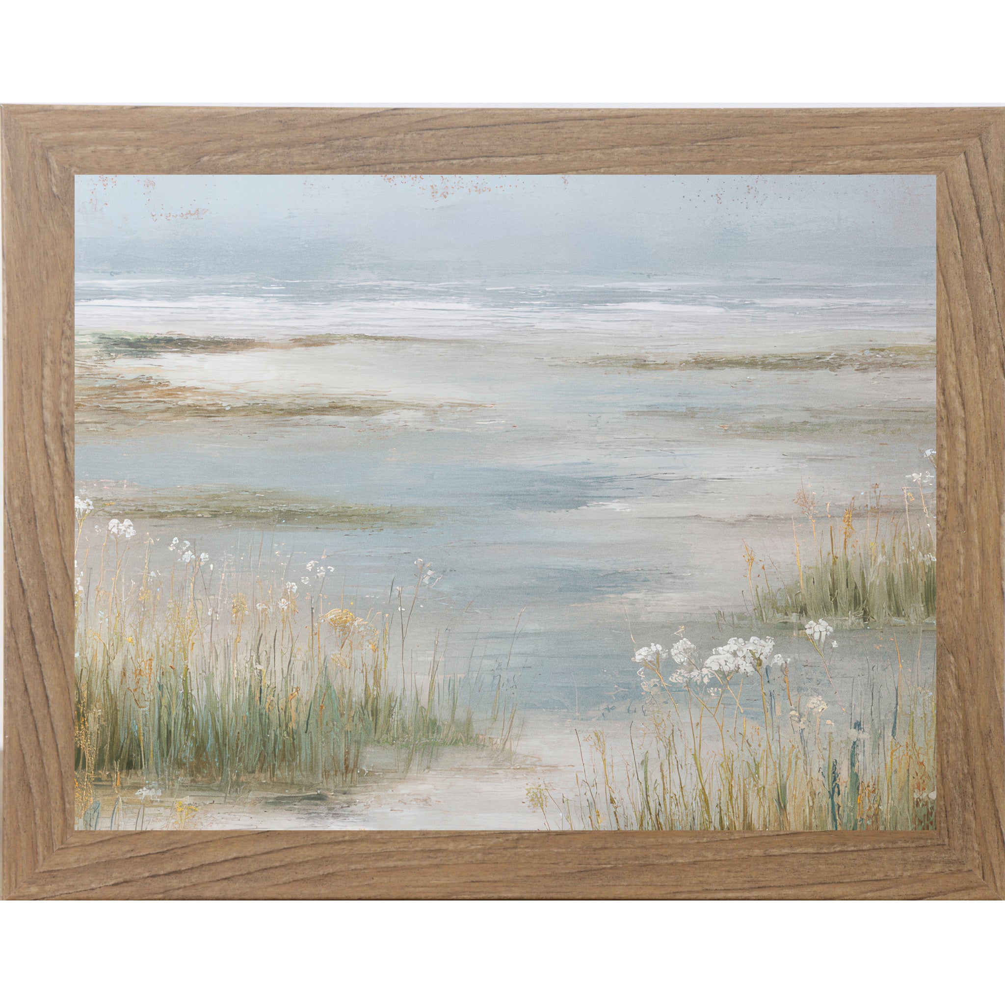Farmtable framed landscape coastal marsh wall art with tall tidal grasses Queen Anne's Lace wildflowers and misty steel blue tidal flats — neutral painterly wetland scenic decor