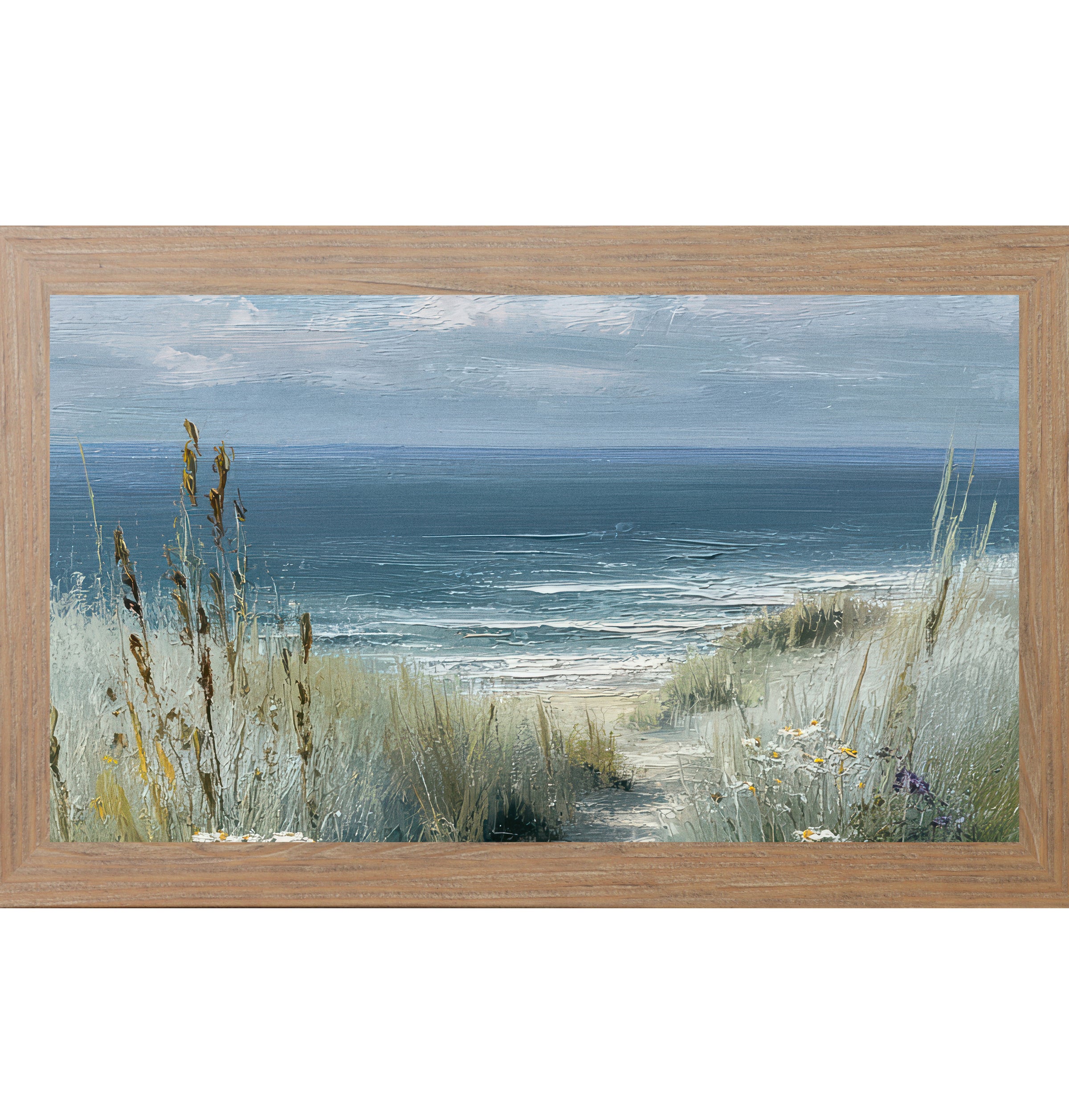 Farmtable framed wide landscape coastal path wall art featuring golden cattails and sea grasses with white and yellow wildflowers framing a sandy beach path leading to deep teal ocean under a soft blue gray sky
