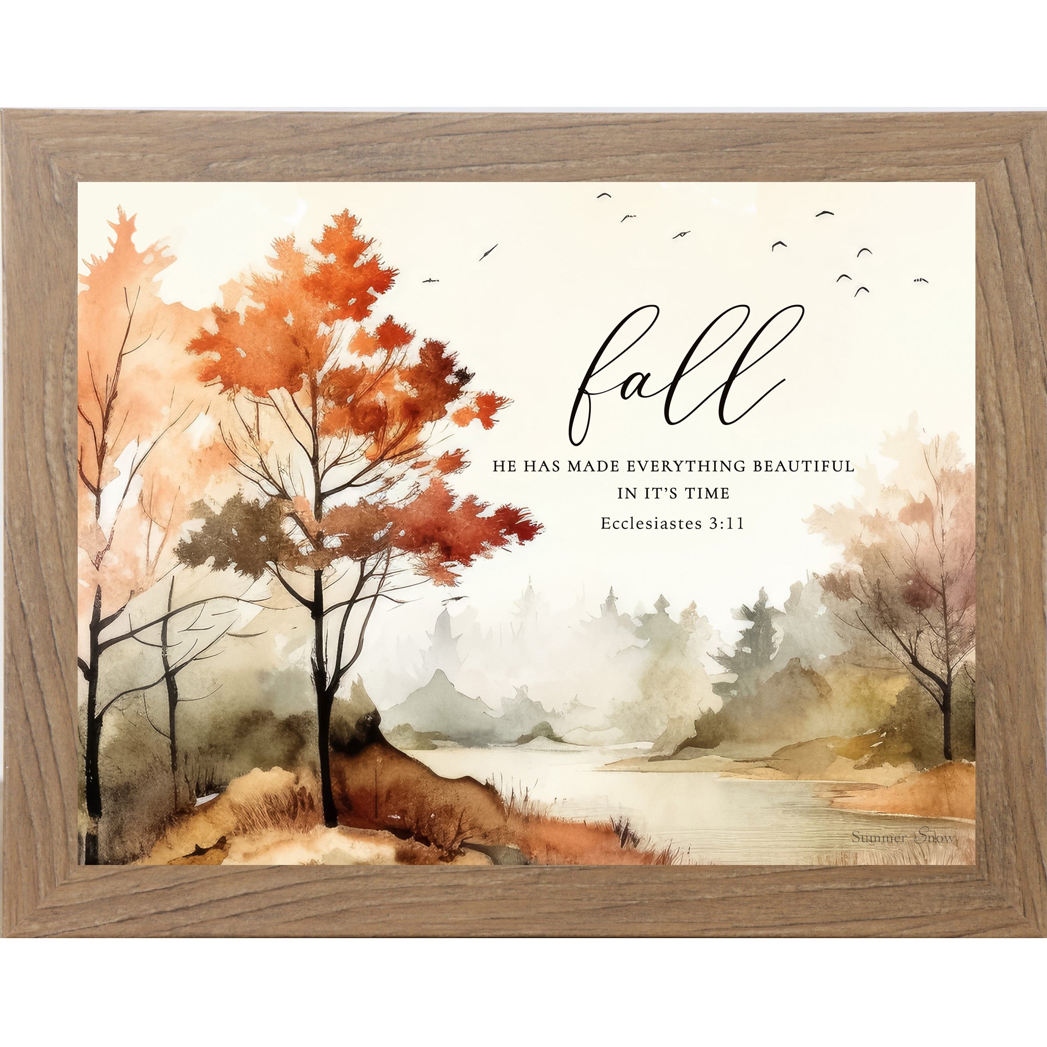 Farmtable framed landscape fall scripture wall art featuring watercolor autumn trees and misty river valley with the words "fall He Has Made Everything Beautiful In Its Time Ecclesiastes 3:11" — SB249