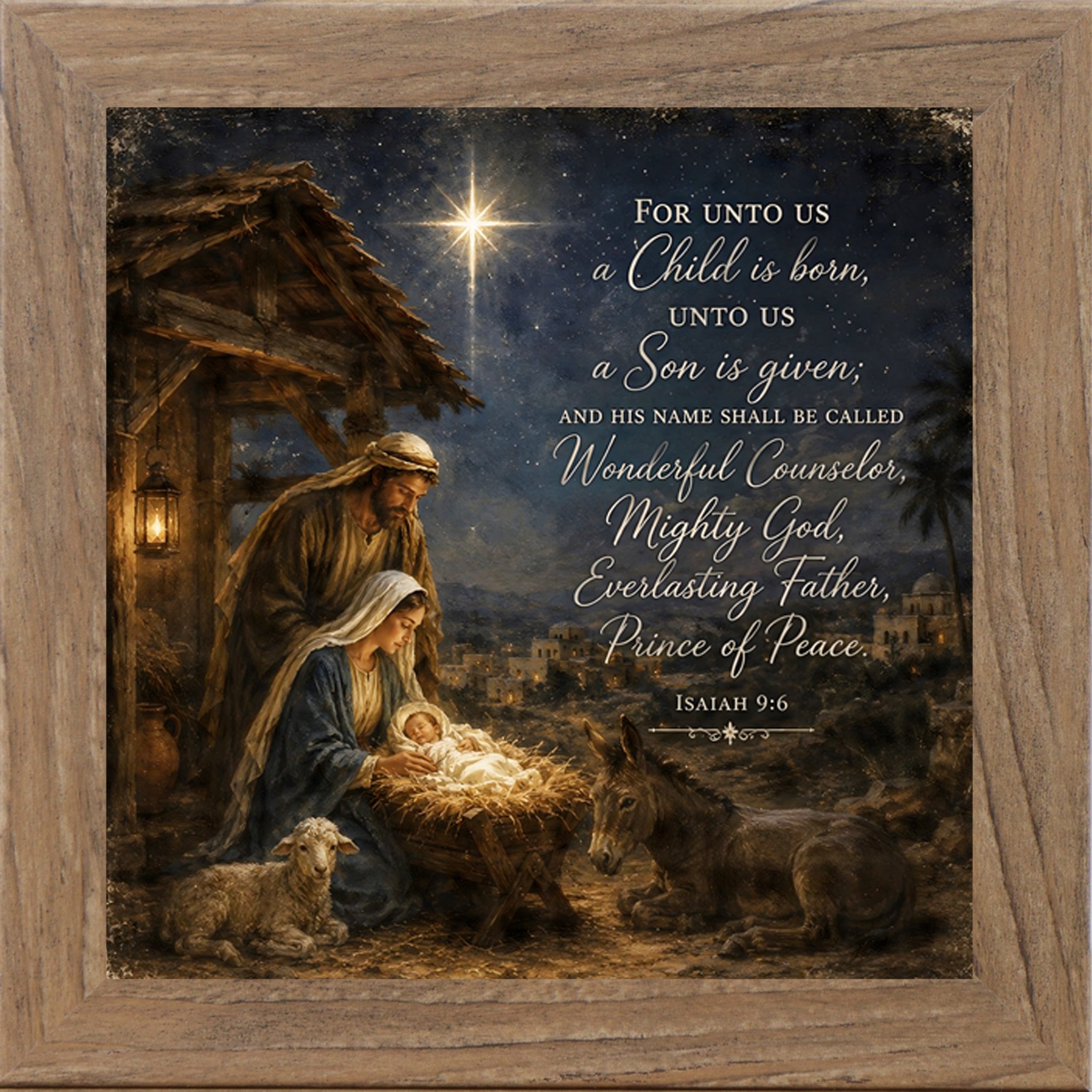 Farmtable framed square nativity Christmas wall art featuring Mary and Joseph at the manger under the Star of Bethlehem with Isaiah 9:6 scripture text