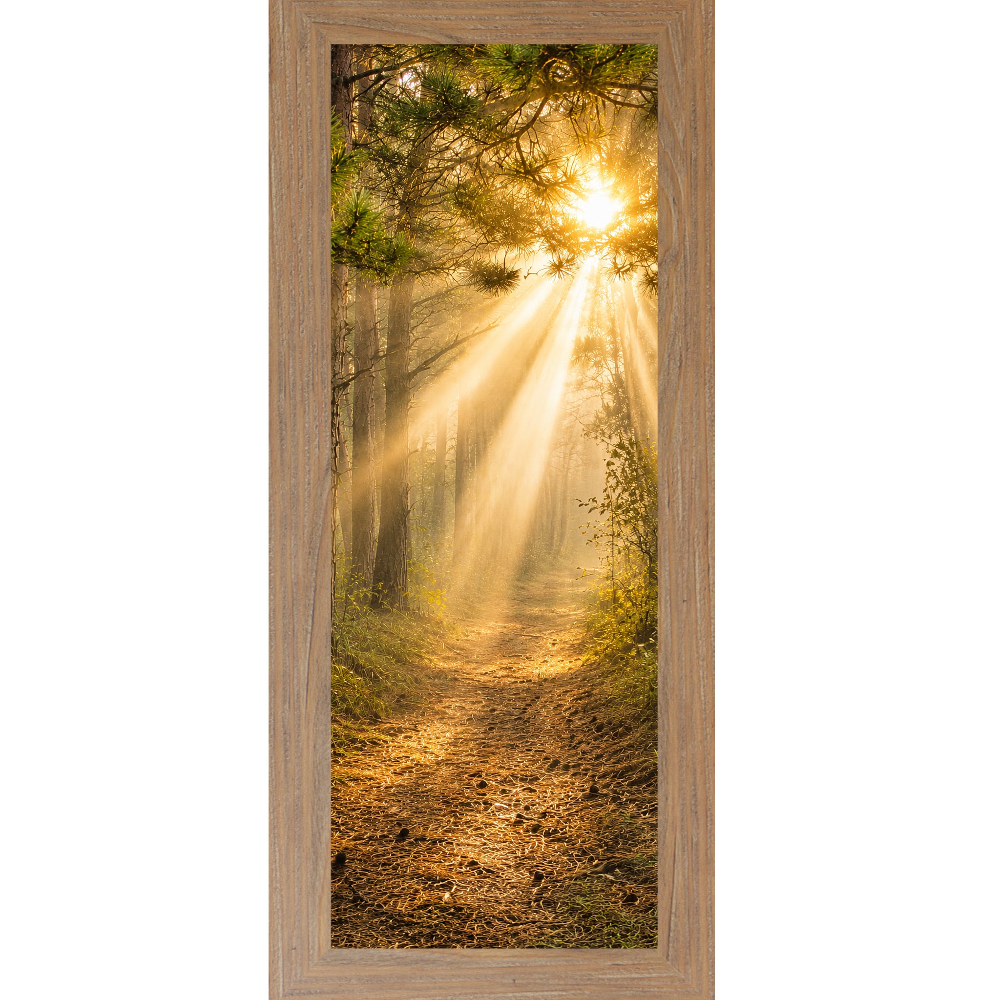 Farmtable framed narrow portrait nature wall art featuring a divine forest path with golden sunlight rays streaming through pine tree canopy toward a glowing sun in warm sacred morning light