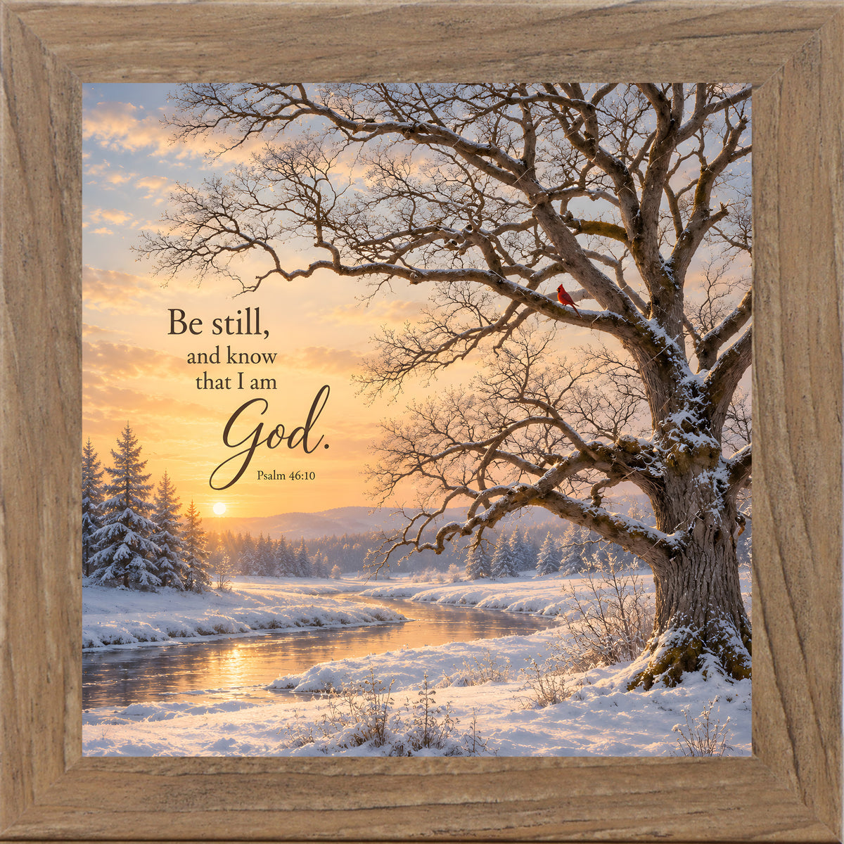 Be Still and Know That I Am God wall art in farmtable frame, cardinal and oak tree
