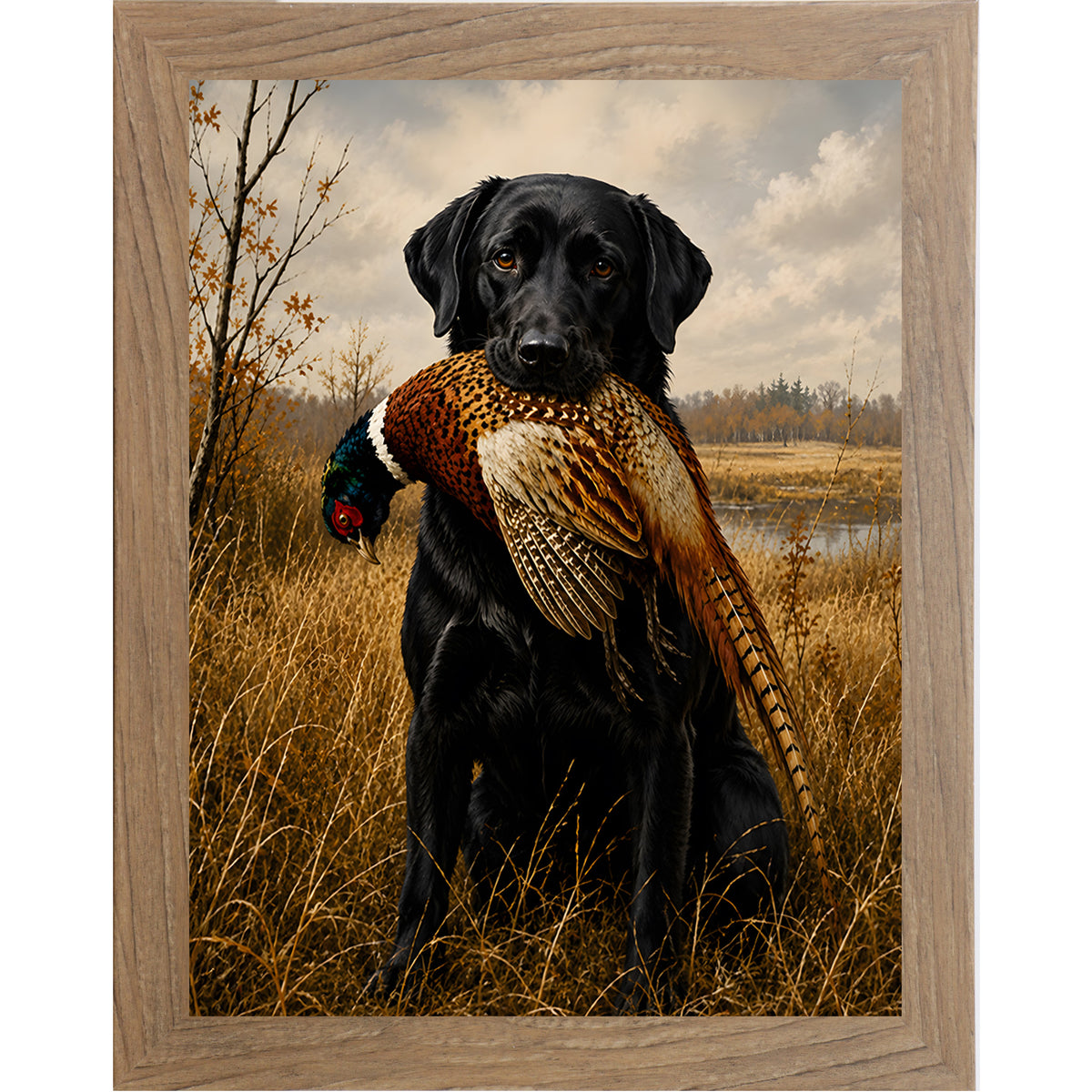 Farmtable framed portrait heritage hunting dog wall art featuring a black Labrador holding a pheasant in a golden autumn field
