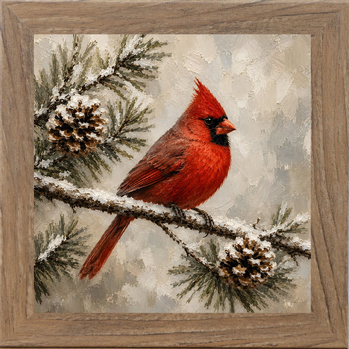 Farmtable framed square painted winter wall art featuring a red cardinal perched on a snowy pine branch with pinecones
