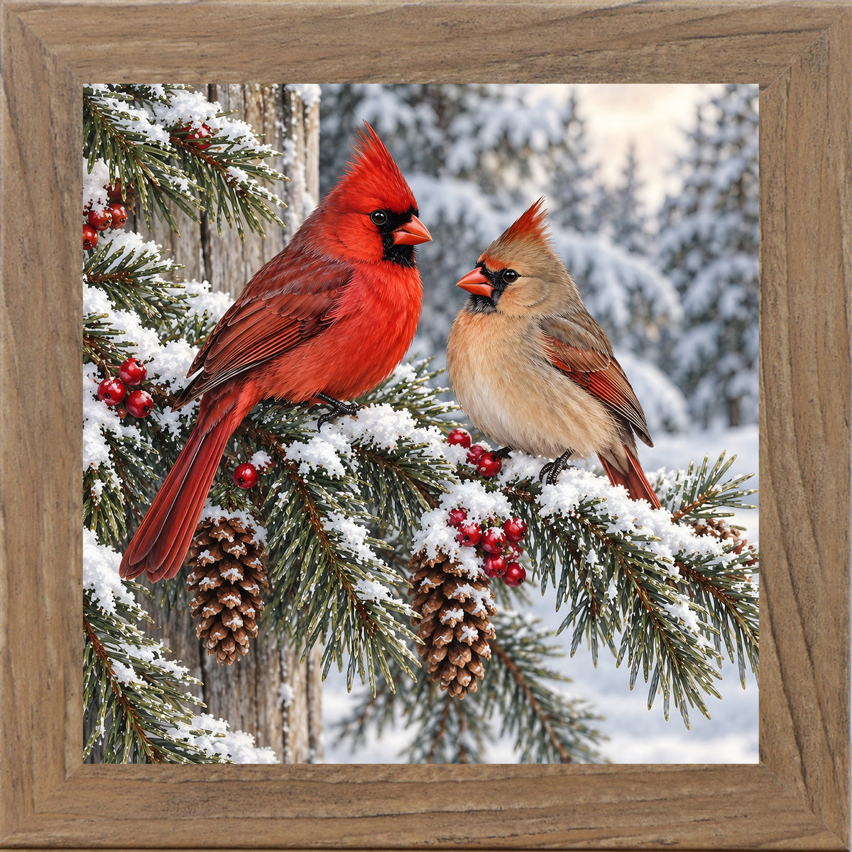 Farmtable framed square winter cardinal wall art featuring a pair of red and tan cardinals perched on a snowy pine branch with pinecones and red berries