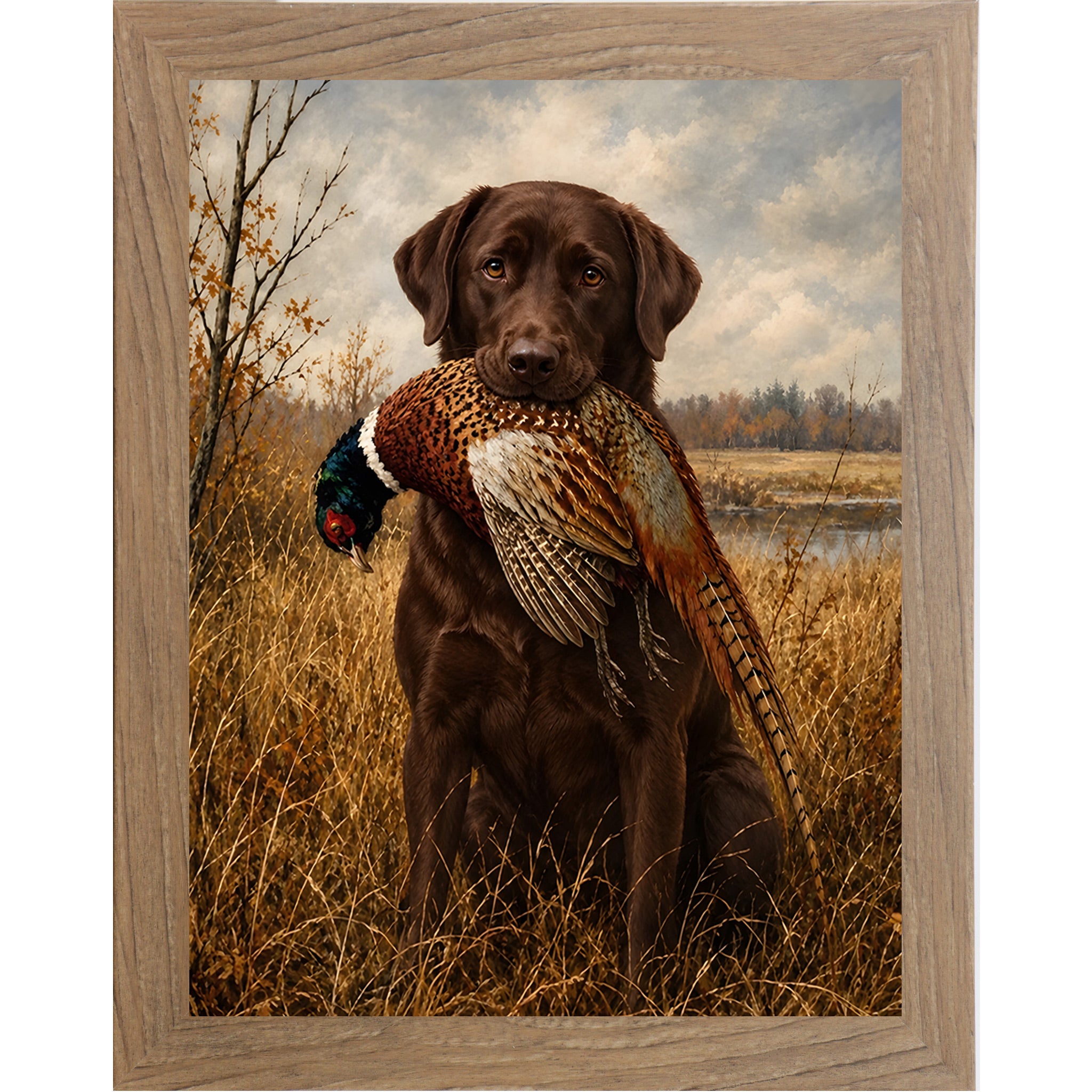 Farmtable framed portrait heritage hunting dog wall art featuring a chocolate Labrador holding a pheasant in a golden autumn field
