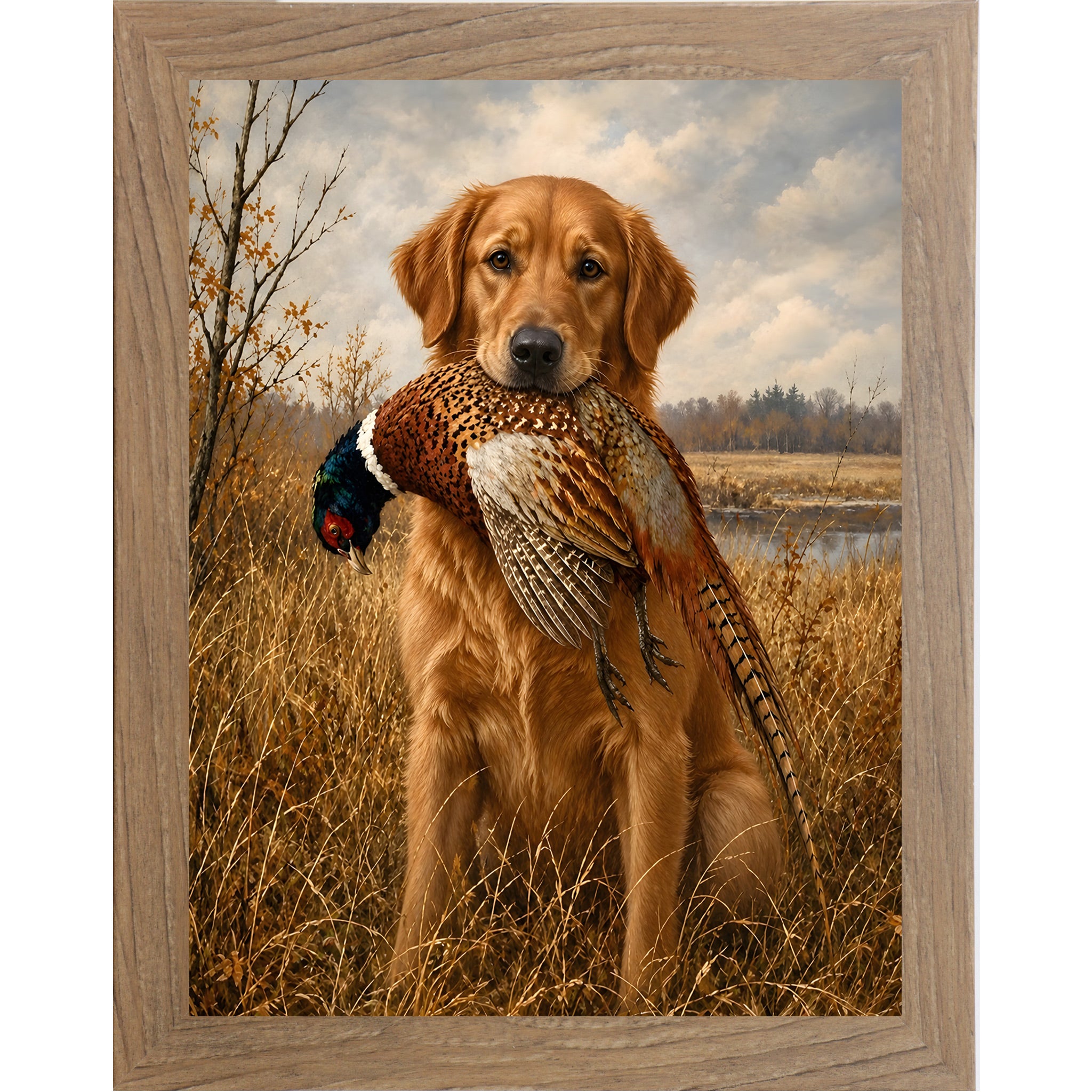 Farmtable framed portrait heritage hunting dog wall art featuring a golden retriever holding a pheasant in a golden autumn field