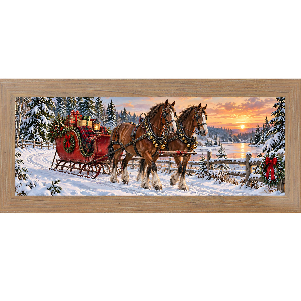 Horse-drawn sleigh wall art in farmtable frame, Christmas sleigh by frozen lake