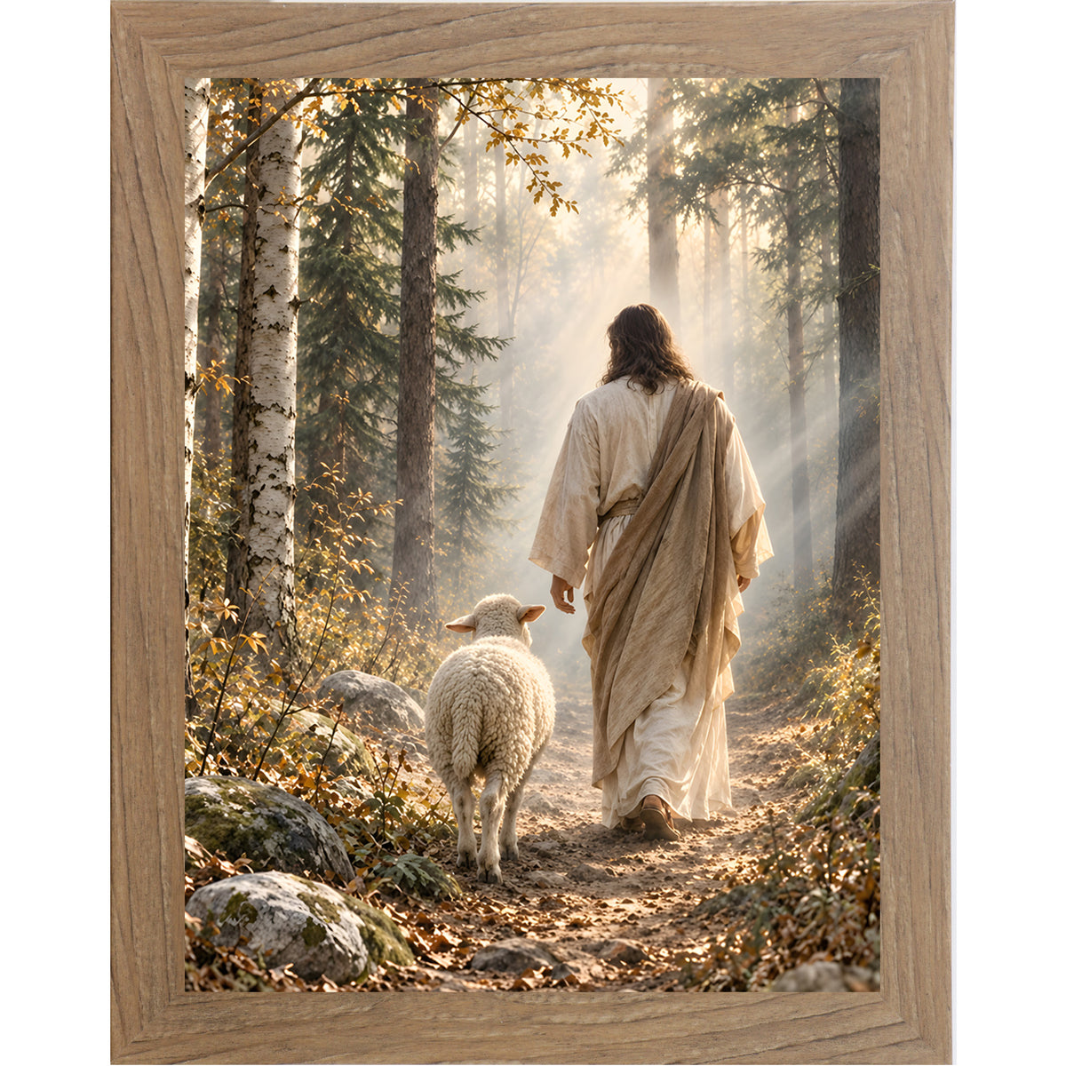Farmtable framed portrait Christian wall art featuring Jesus walking a golden-lit forest path from behind with a white sheep at his side