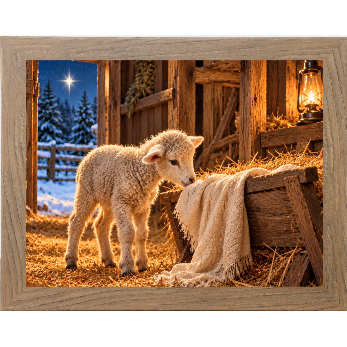 Farmtable framed landscape nativity wall art featuring a newborn lamb beside a wooden manger with hay, a lantern, and the Star of Bethlehem over snowy pines