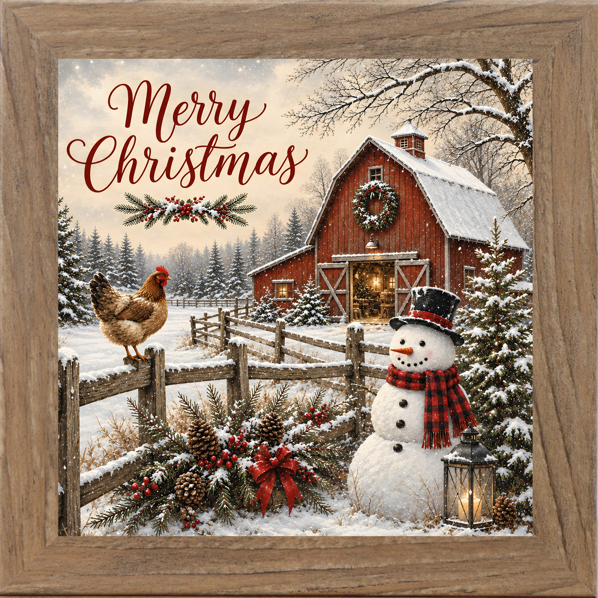 Farmtable framed square Christmas wall art featuring a snowman and hen beside a red barn with the words "Merry Christmas"