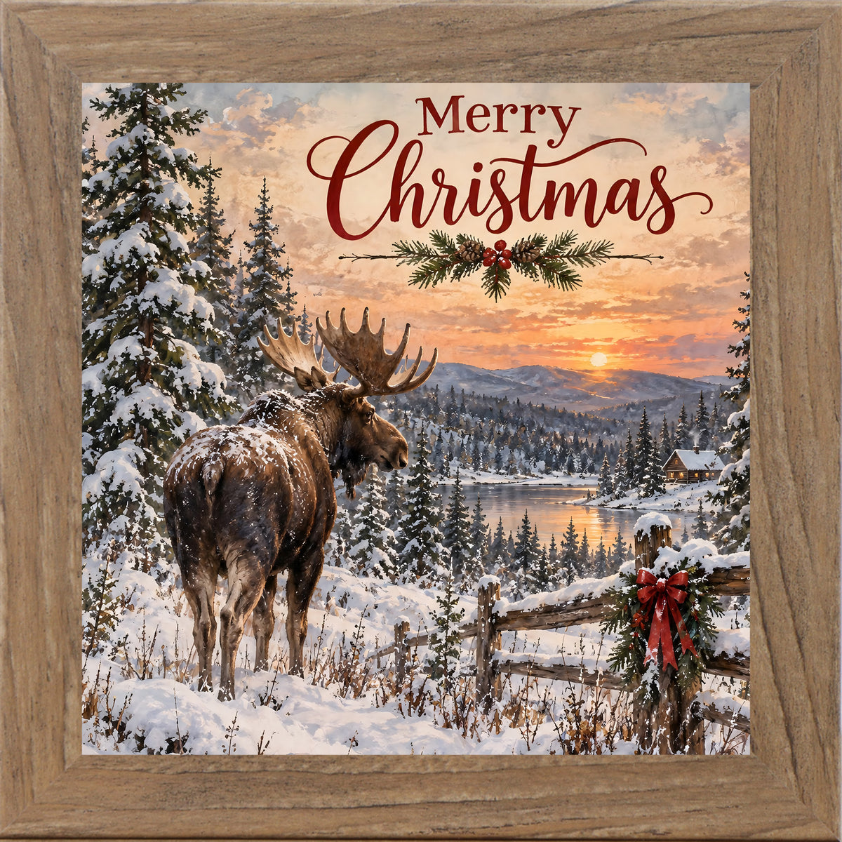 Farmtable framed square Christmas wall art featuring a moose beside a frozen lake at sunset with the words "Merry Christmas"