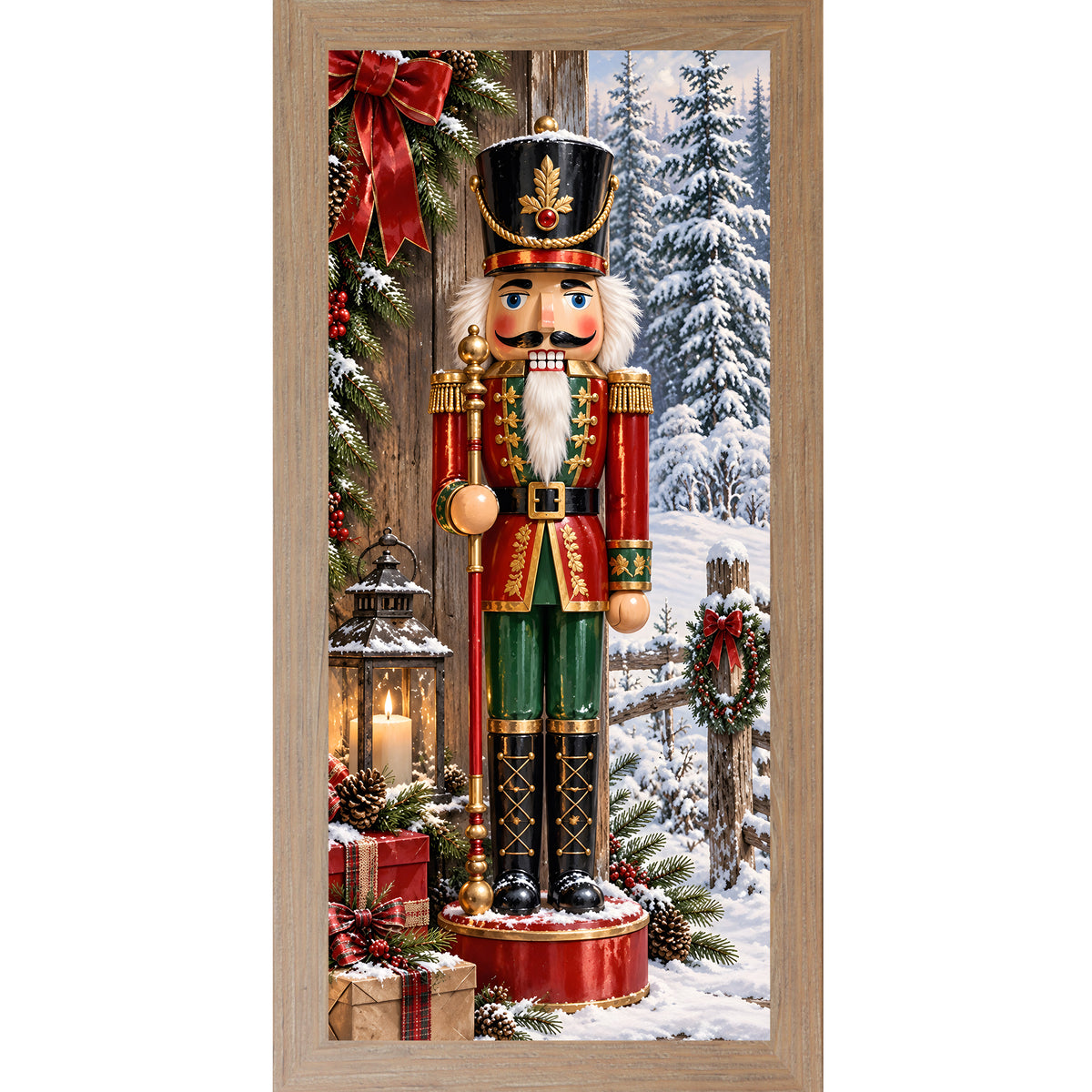 Nutcracker soldier wall art in farmtable frame, nutcracker with gifts and snowy village