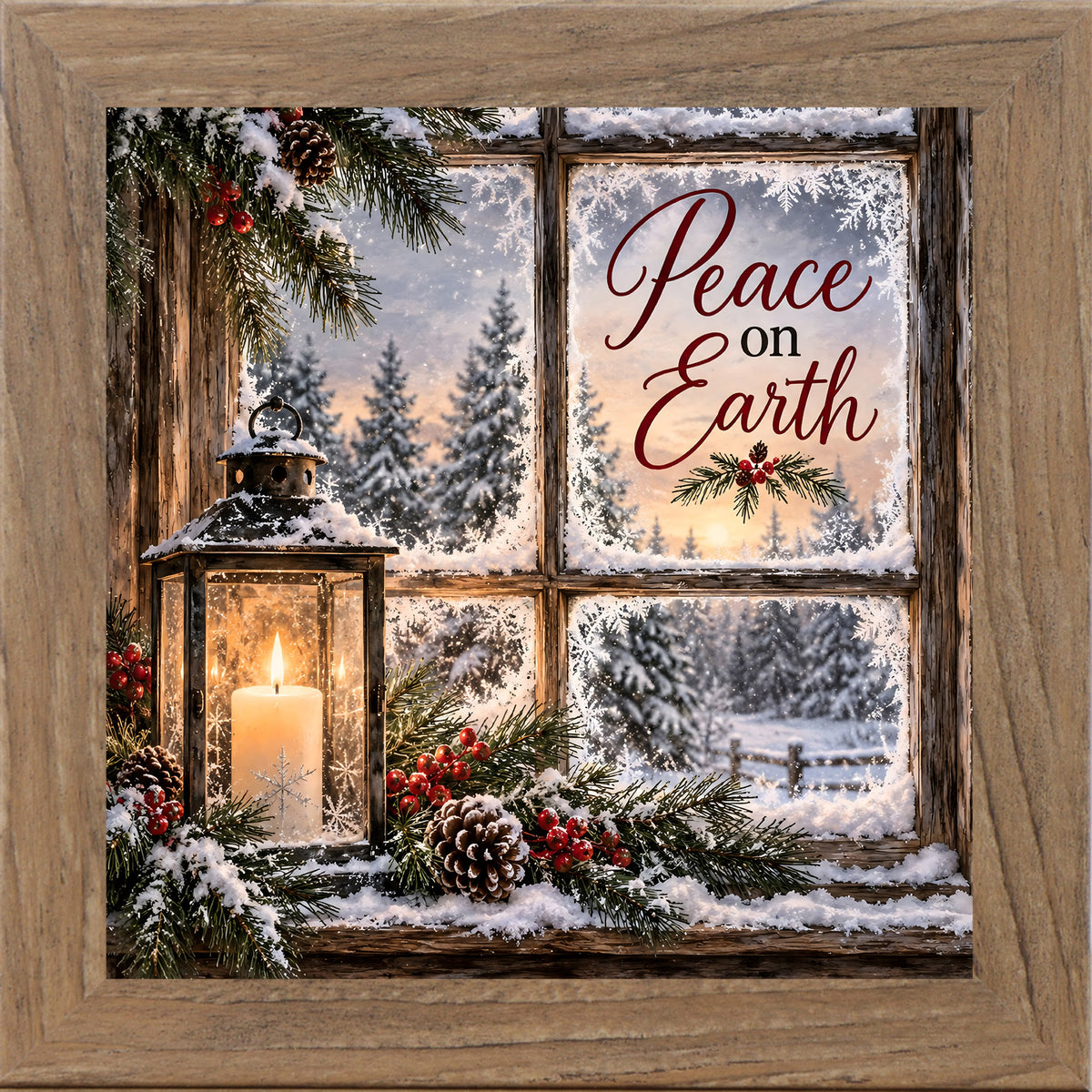 Peace on Earth wall art in farmtable frame, Christmas lantern and holly