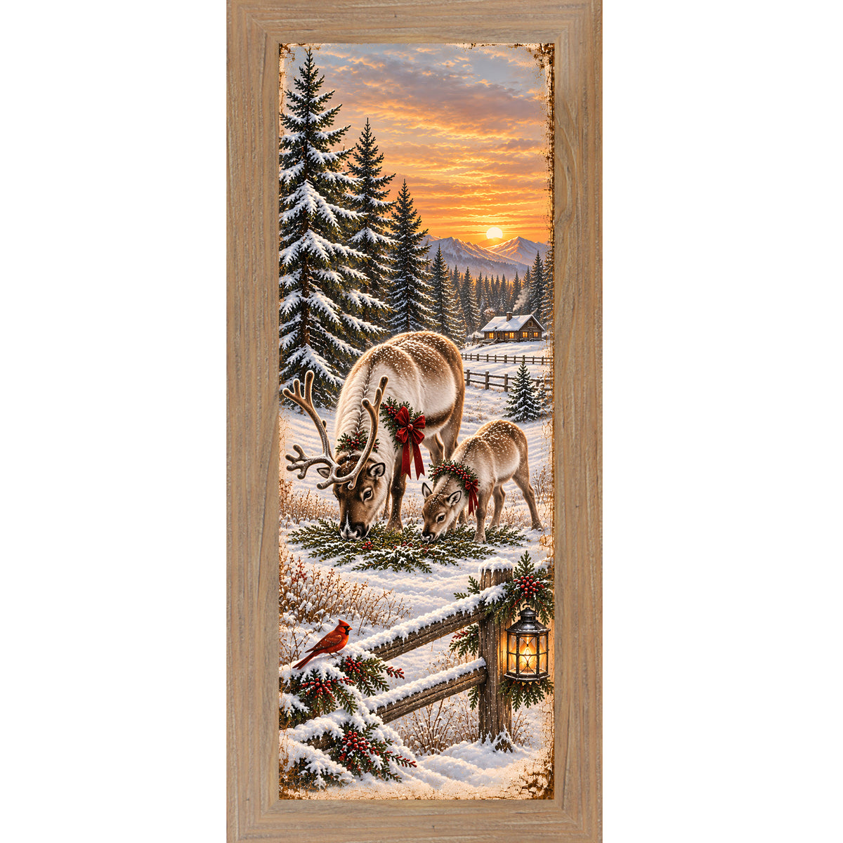 Reindeer and cardinal wall art in farmtable frame, reindeer grazing in snow