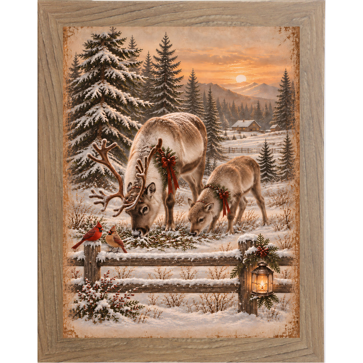 Reindeer and cardinals wall art in farmtable frame, cardinals on snowy fence