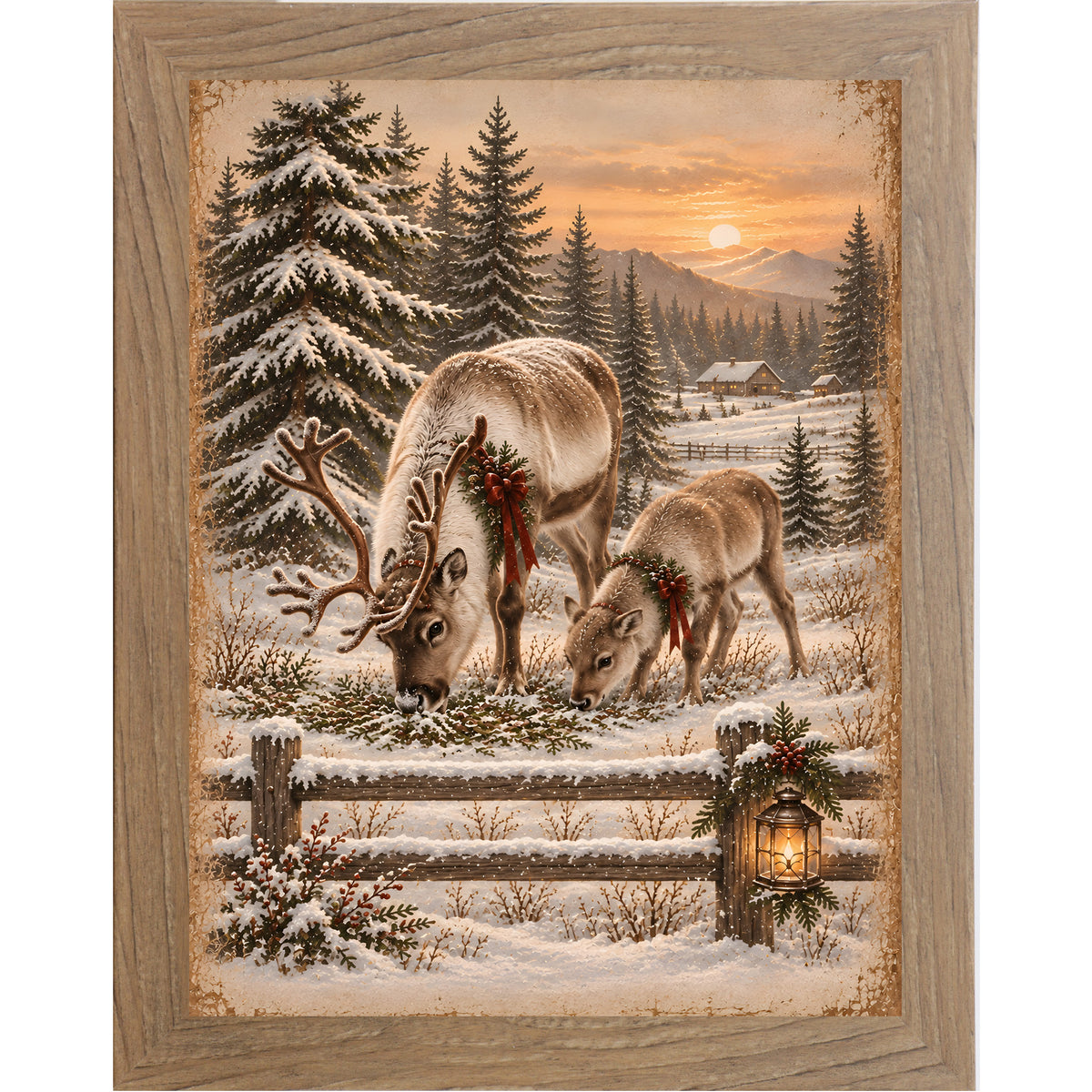 Reindeer at sunset wall art in farmtable frame, reindeer grazing by lantern