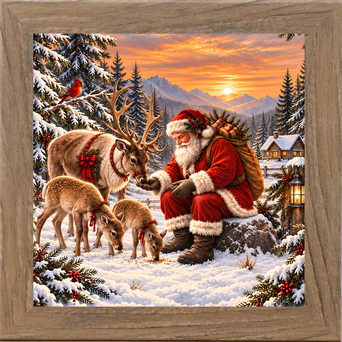 Santa feeding his reindeer wall art in farmtable frame, Santa and reindeer in snow