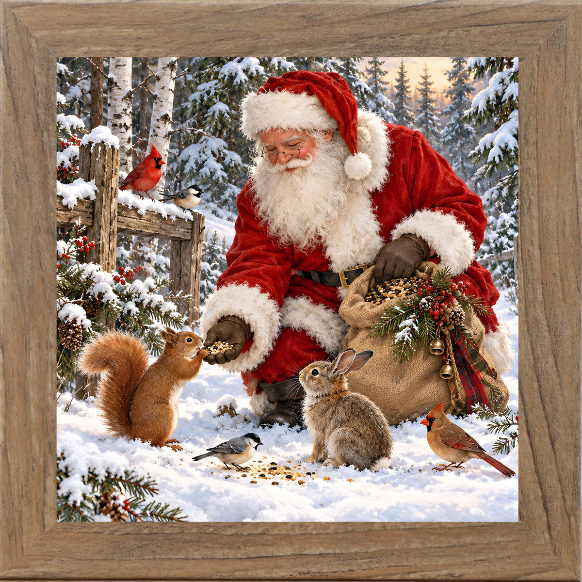 Farmtable framed square Santa Claus Christmas wall art featuring Santa feeding a squirrel, rabbit, chickadee, and cardinal in a snowy forest