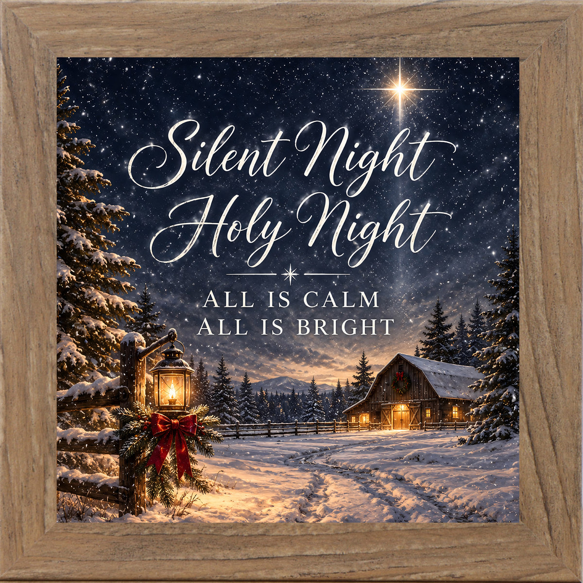 "Farmtable framed square Christmas wall art featuring a snowy barn, lantern, and Star of Bethlehem with the words Silent Night Holy Night"
