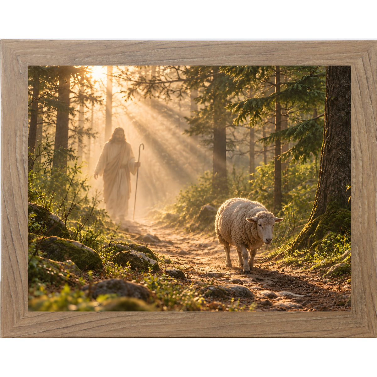 Farmtable framed landscape Christian wall art featuring Christ walking a sunlit forest path with a sheep following behind
