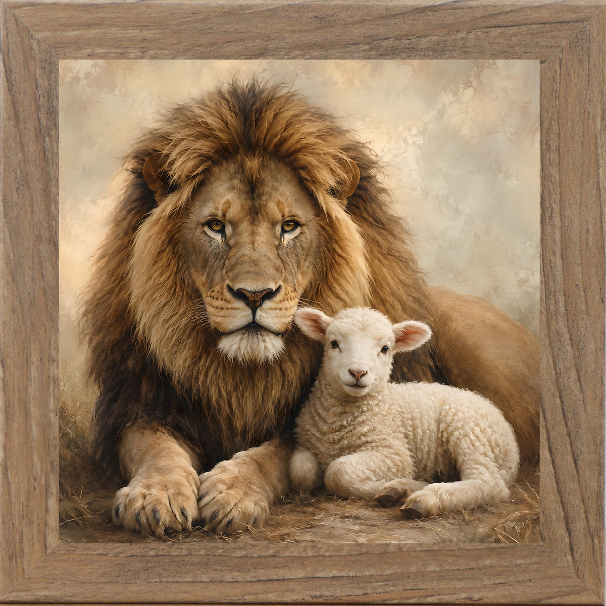 Farmtable framed square Christian wall art featuring a majestic lion resting protectively beside a peaceful lamb